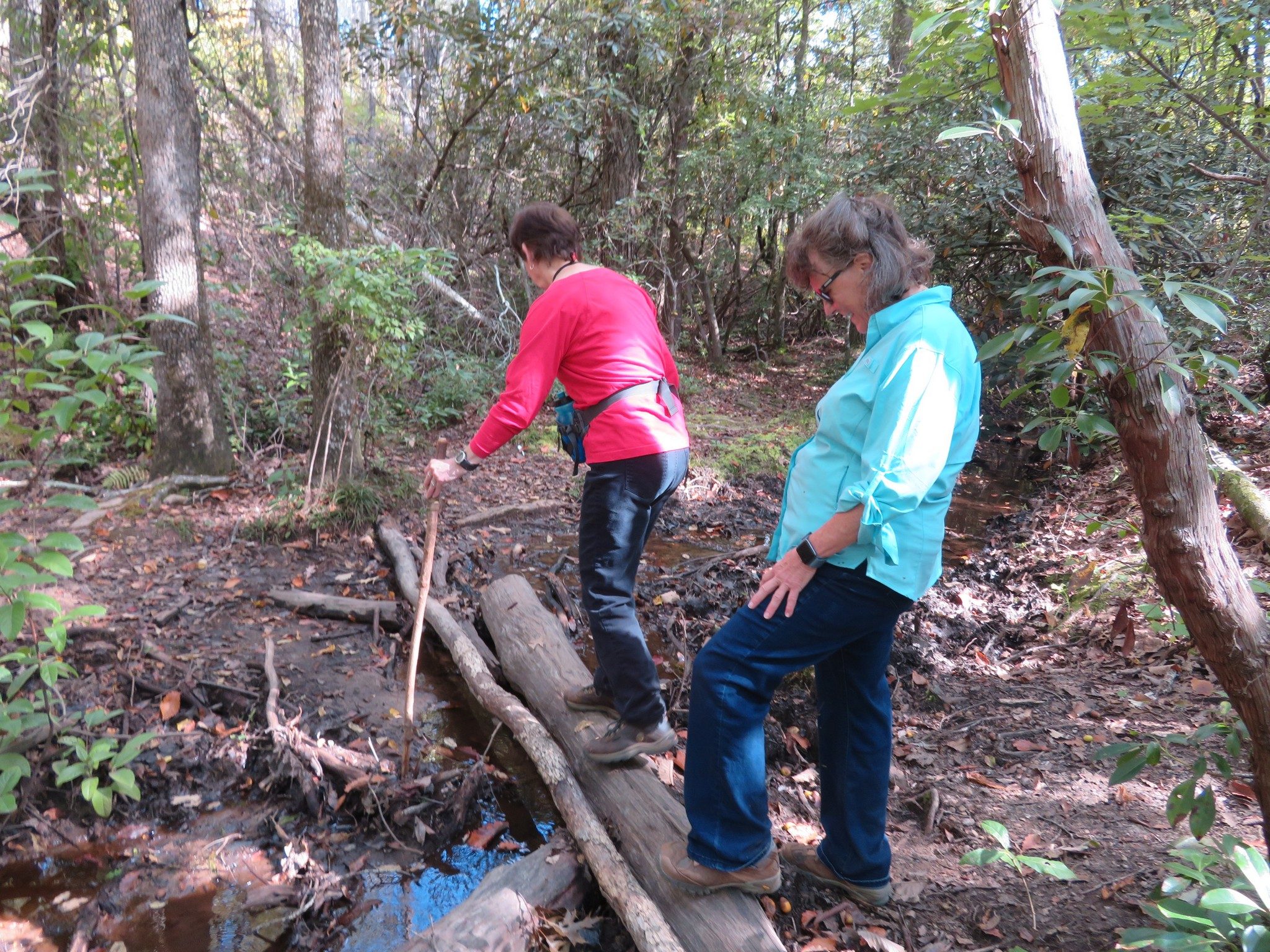 Jenny and Renee crossing "treacherous river"