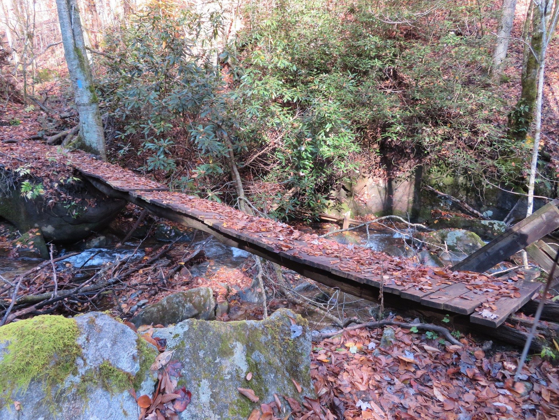 Tricky and damaged bridge 2+ miles into hike
