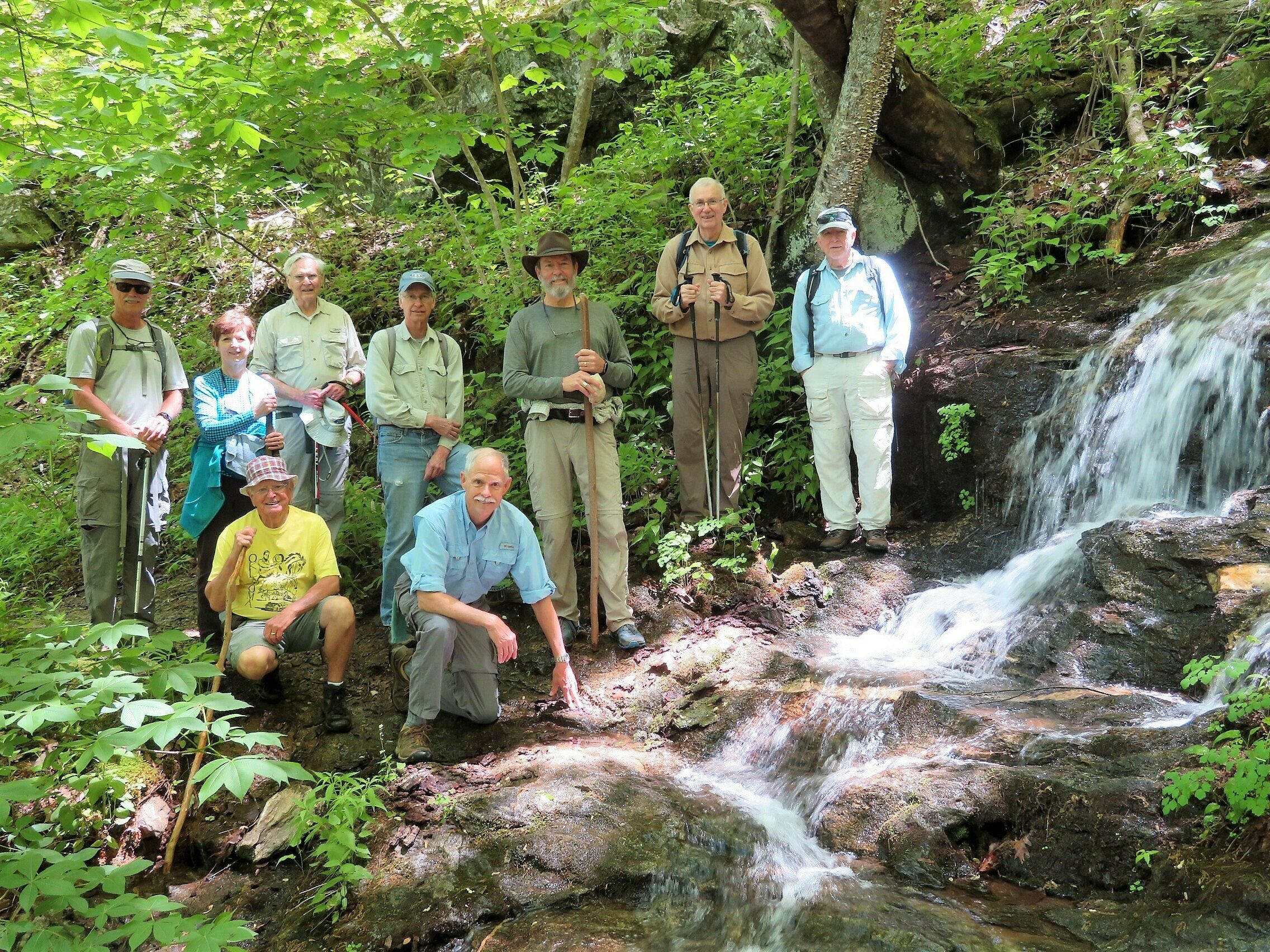 Today's Hikers at a beautiful falls along the Coosa Backcountry Trail (L-R): Jim, Jenny, Joe, Dick, Edwin, Mike, Jack, Ray & Vic