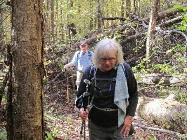 "That hurt!" says Stephanie after her knee didn't like climbing through that downed tree.