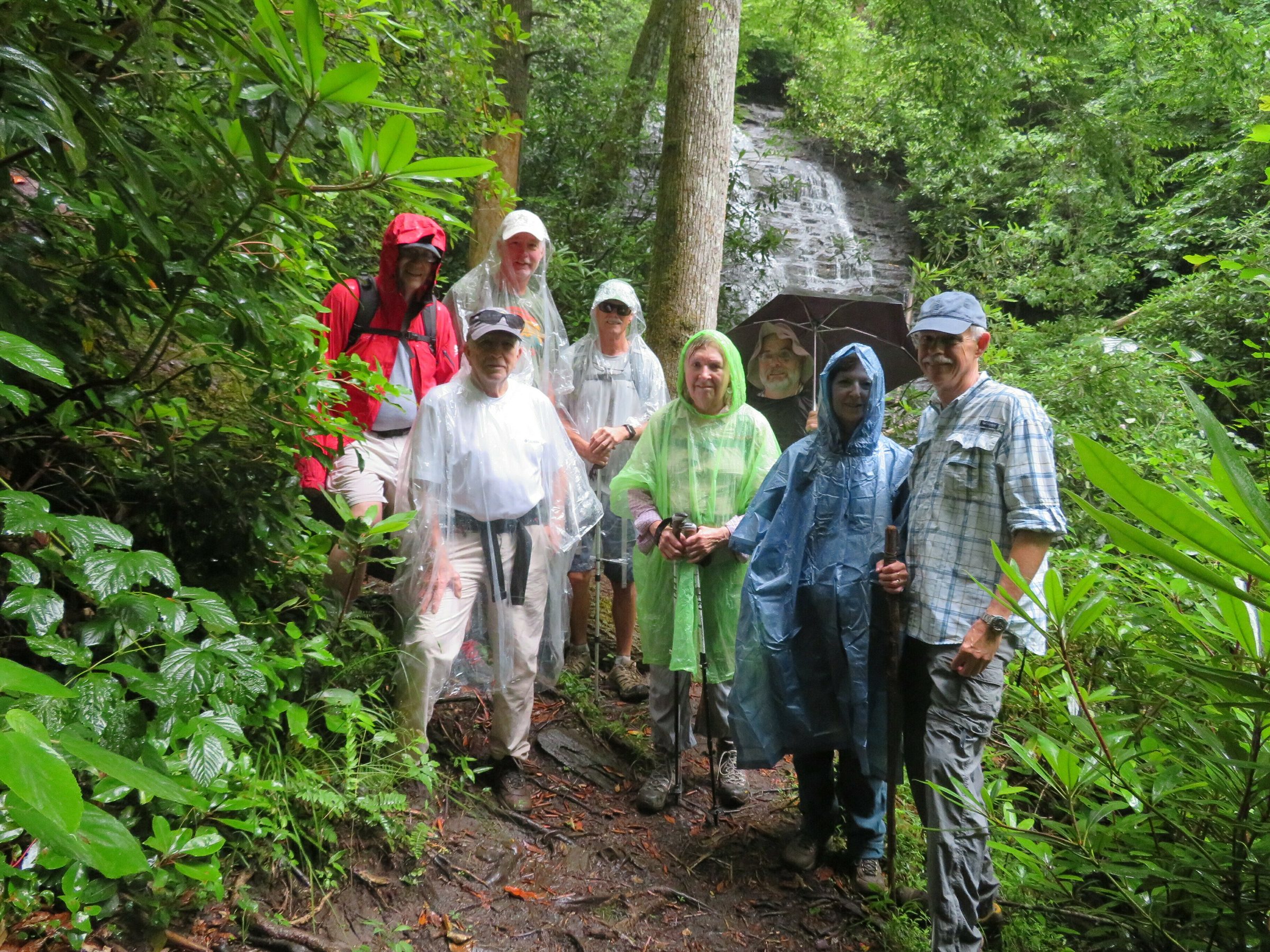 Today's Wet Hikers (l-R): Ray, Vic, Ken, Jim, Angela, Gary, Jenny & Mike