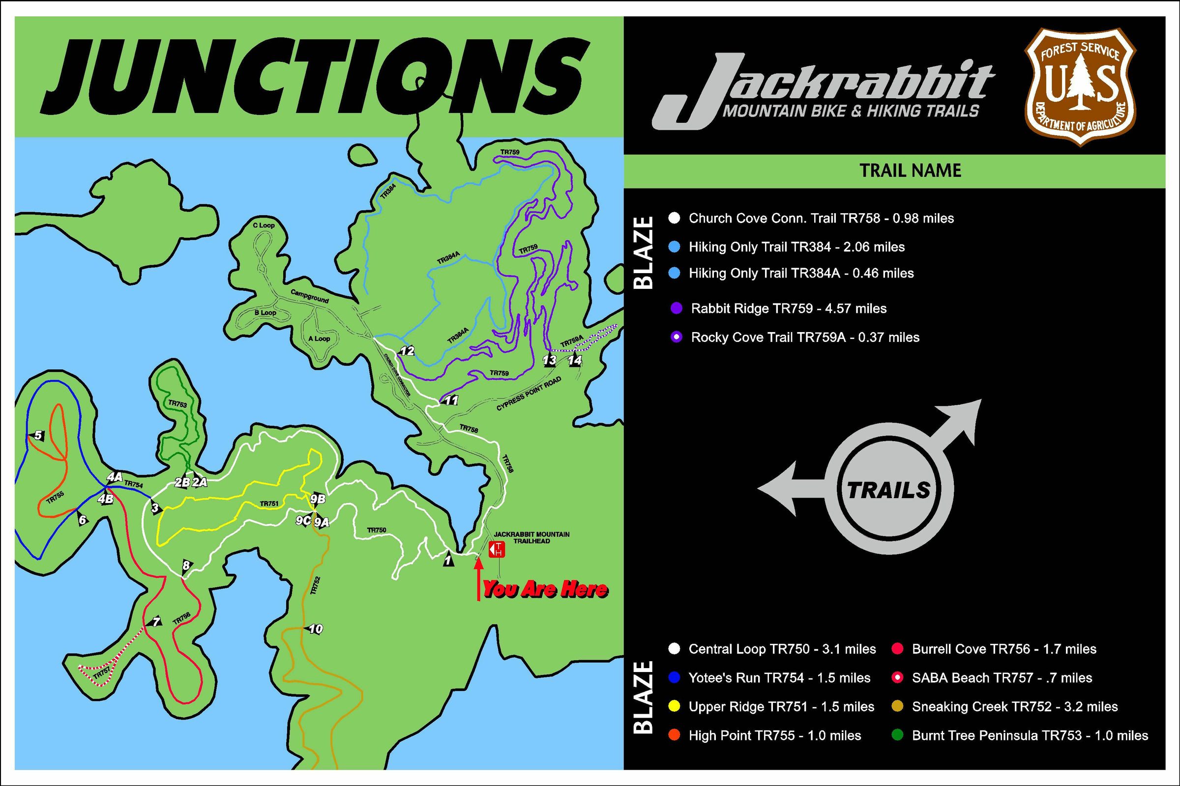 The trails in the Jackrabbit area network. We hiked the white, blue and orange loops.