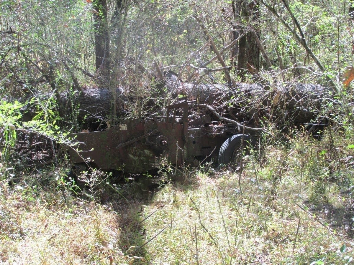 Old hay bailer near homestead where large tree fell on it.