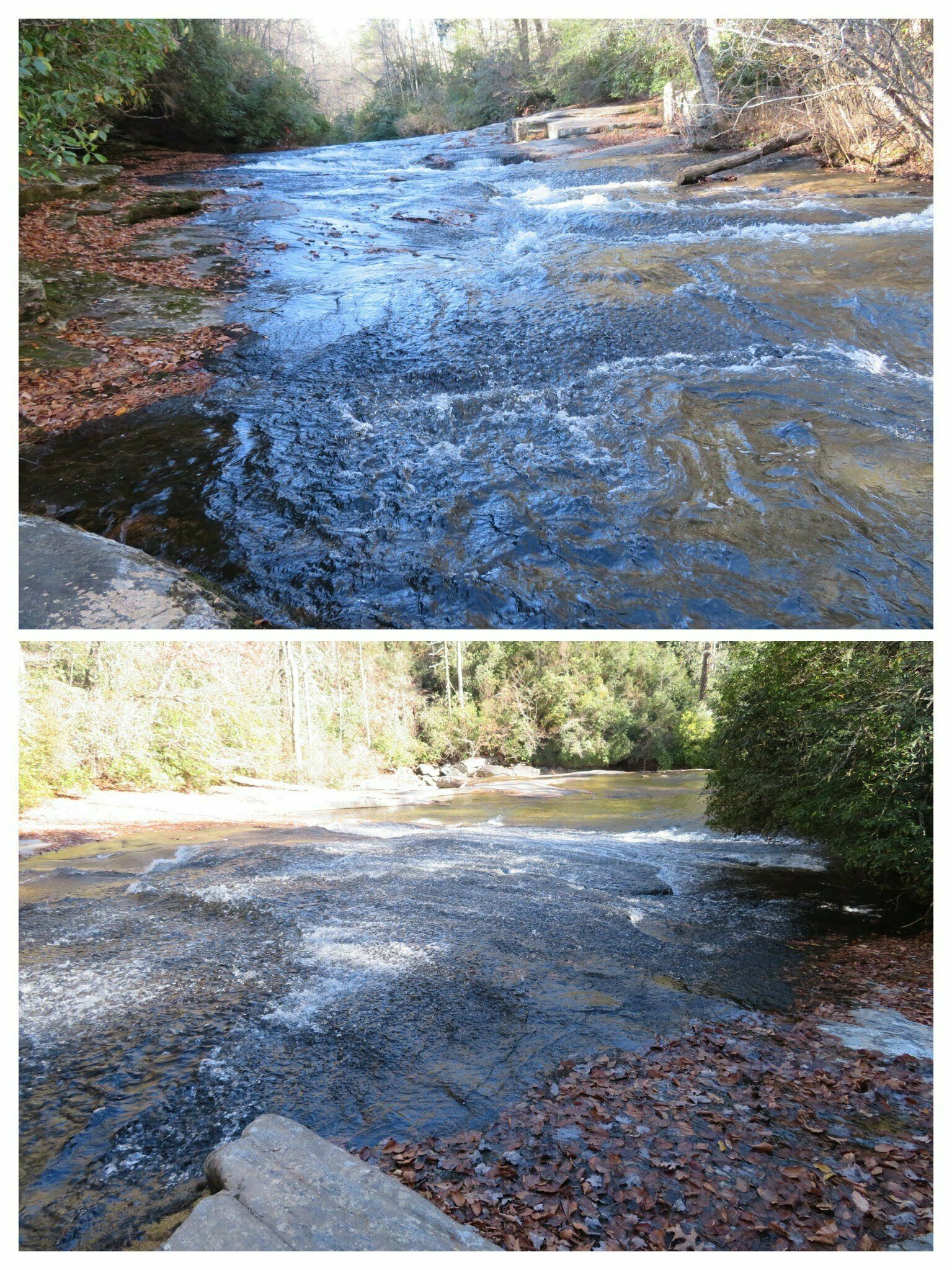 If you took one of the many side trails down toward Whitewater River, you would have seen the solid rock base and cascades of the river above the falls.
