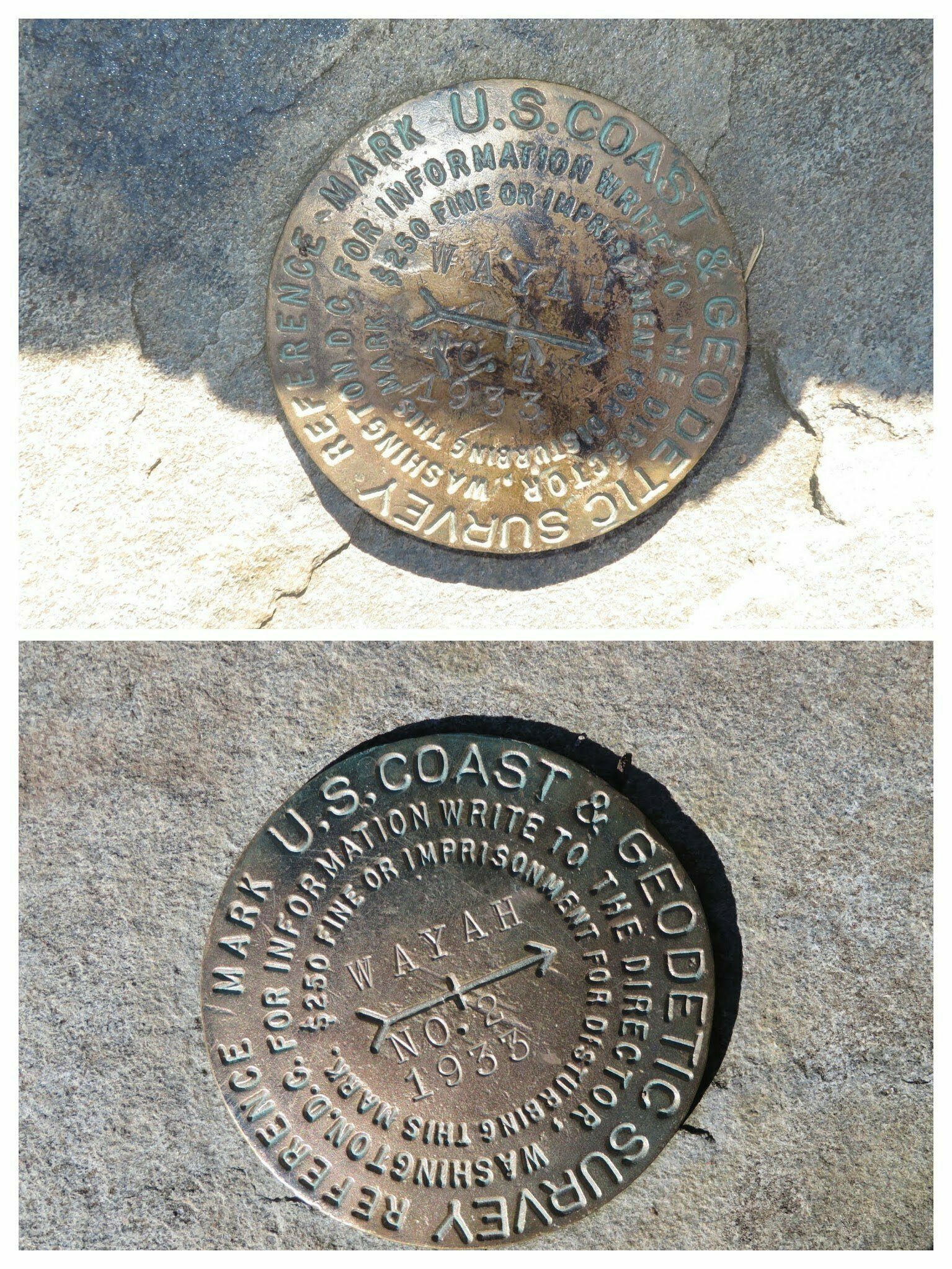 USGS reference marks at each end of the stone wall along the south side of Wayah Bald.