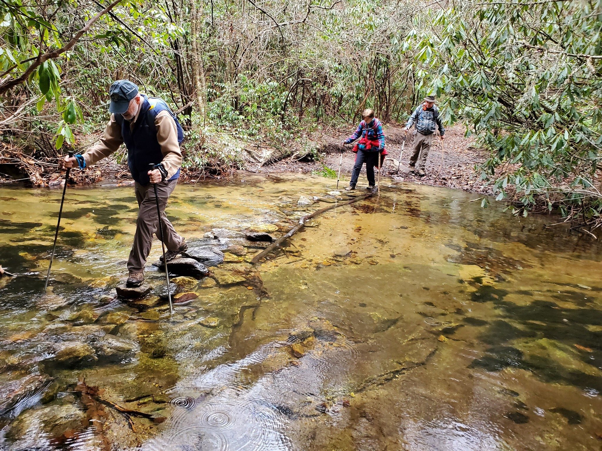 The only wet, if you are not careful, crossing today across Panthertown Creek, a little bit past Granny Burrell Falls.