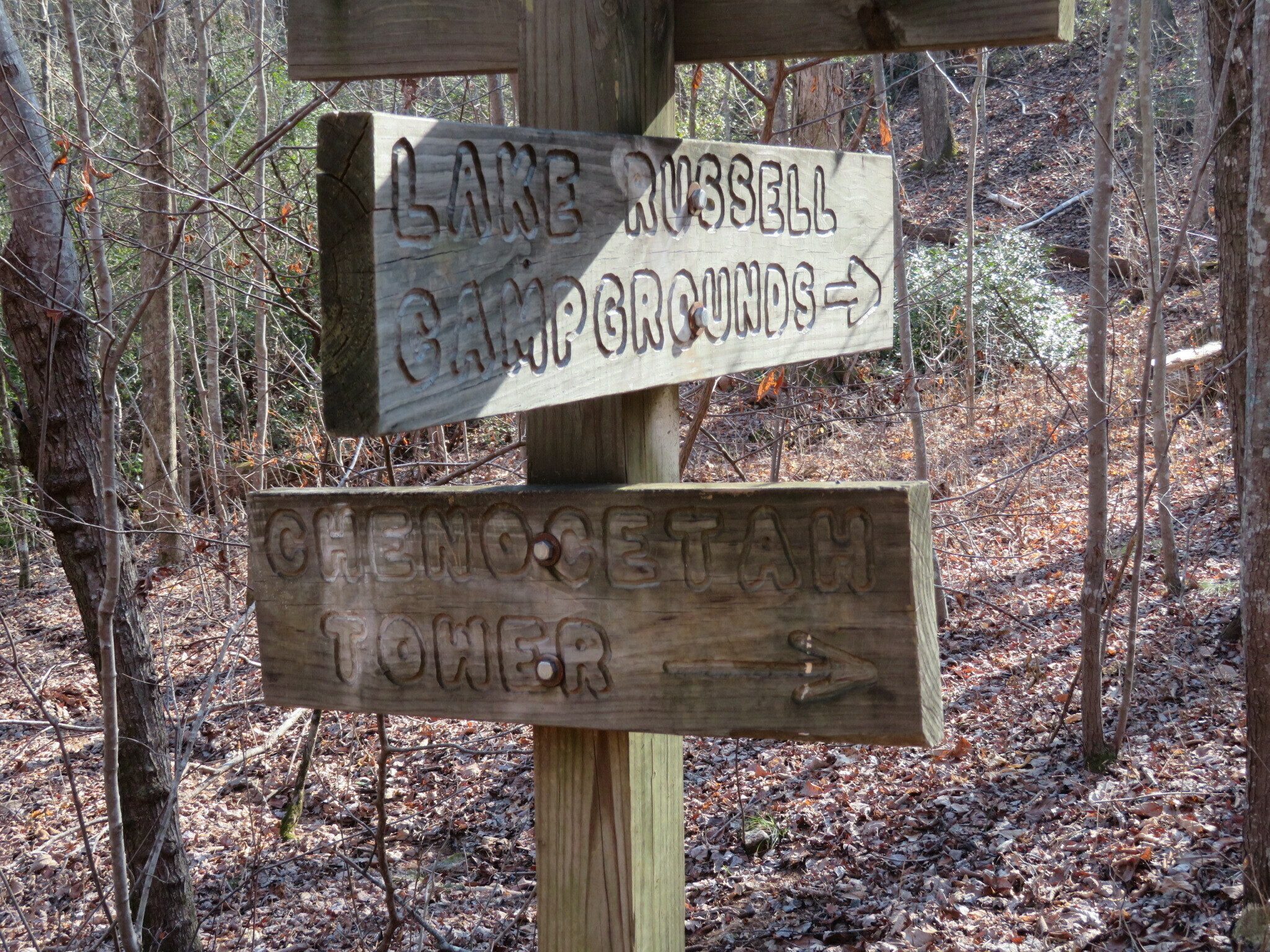 Trail signs on the way up to the Chenocetah Fire Tower.
