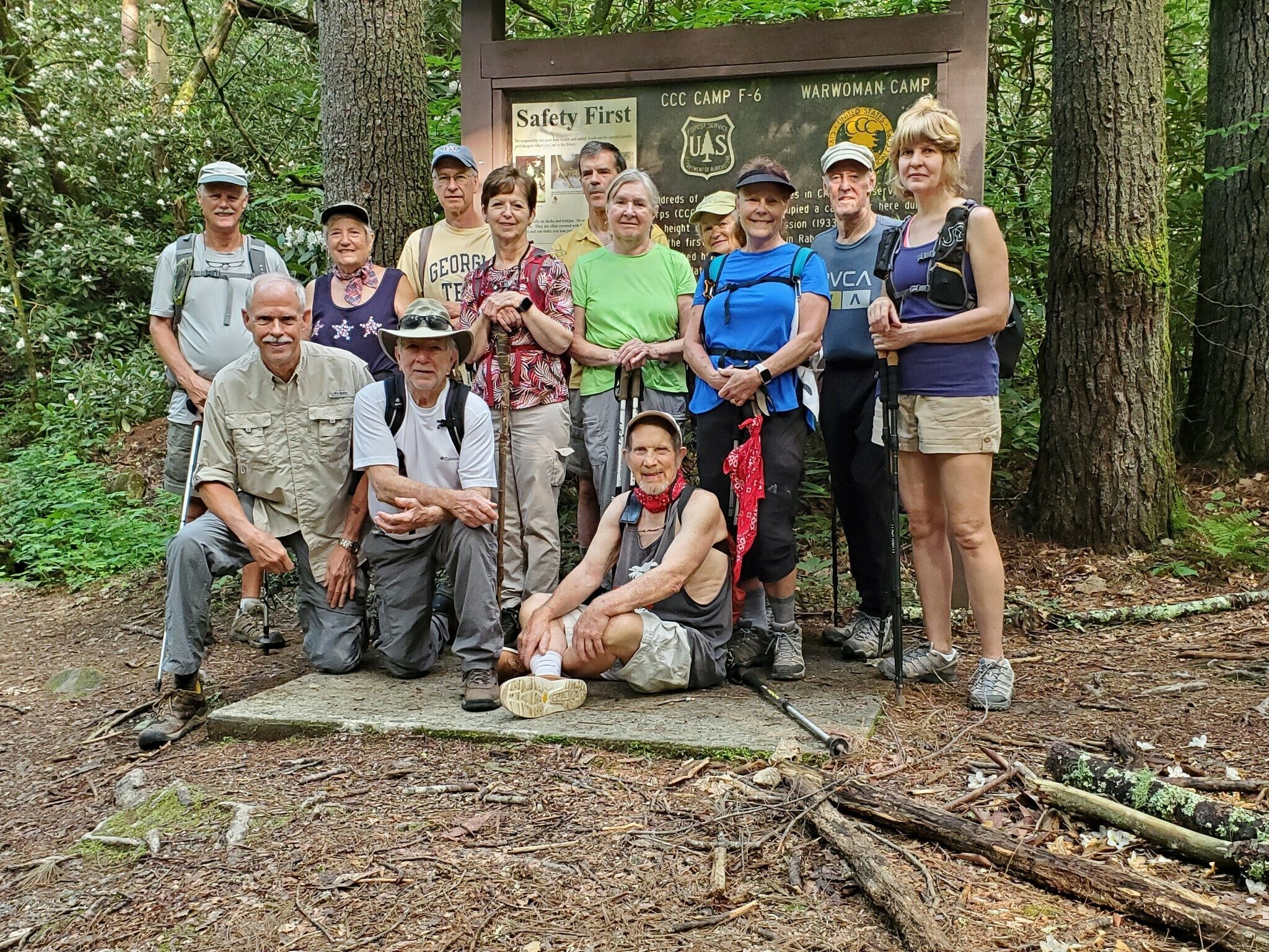 Today's hikers (L-R) Top: Jim, Jeanne, Edwin, Jenny, Gerald, Angela, Lib, Renee, Rich & Inna; Bottom: Mike, Vic & Bruce