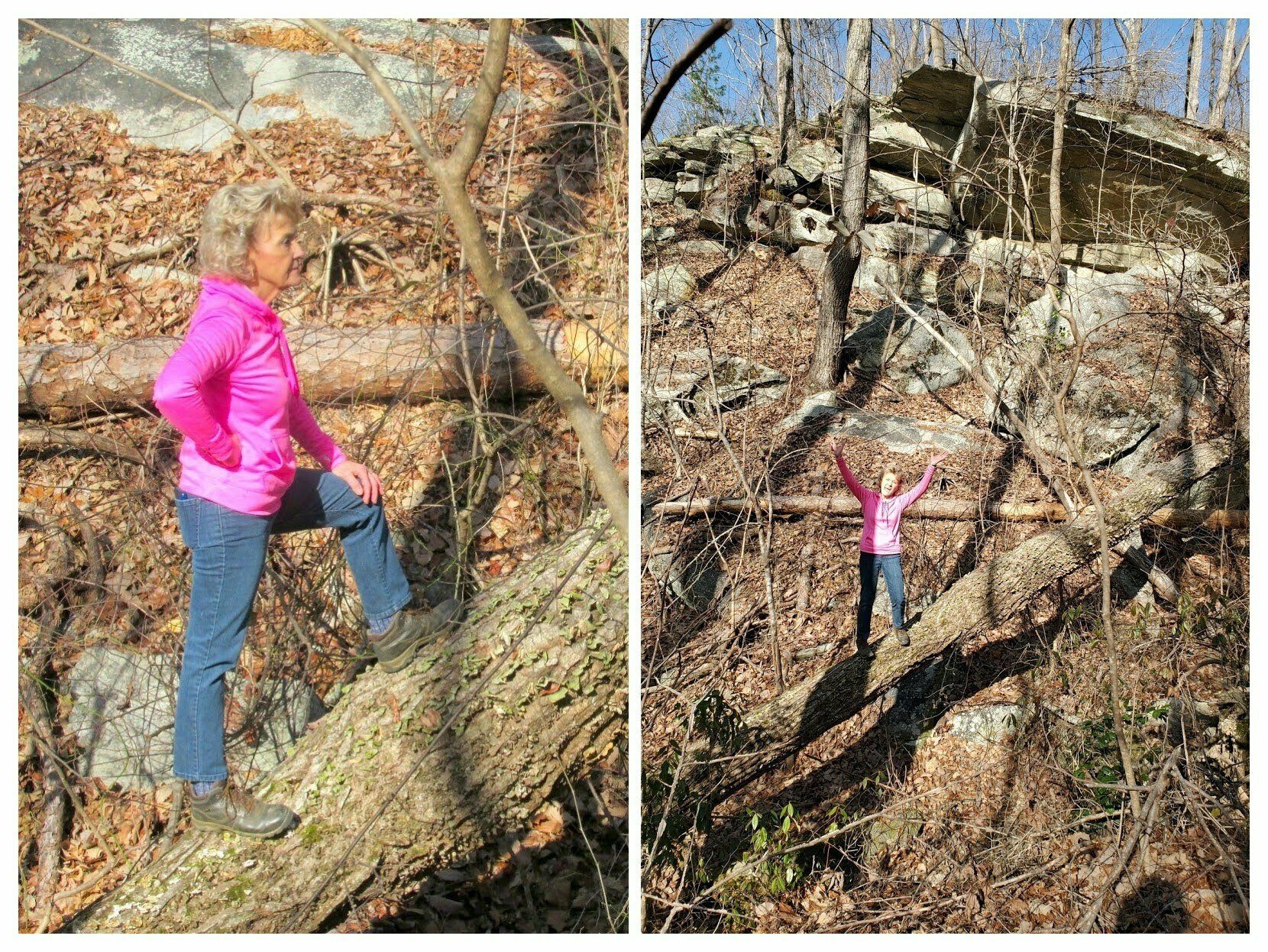 Beth on a downed tree in front of the large rock outcropping.