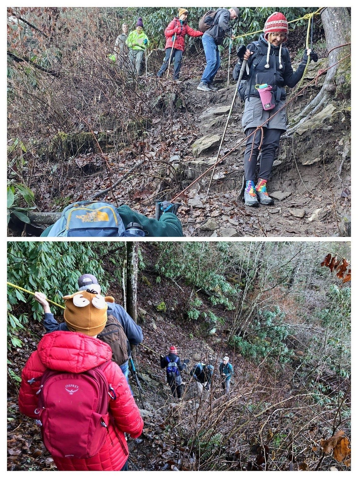 Using rope lines to climb down the washed out section.  It was wet and quite slippery!