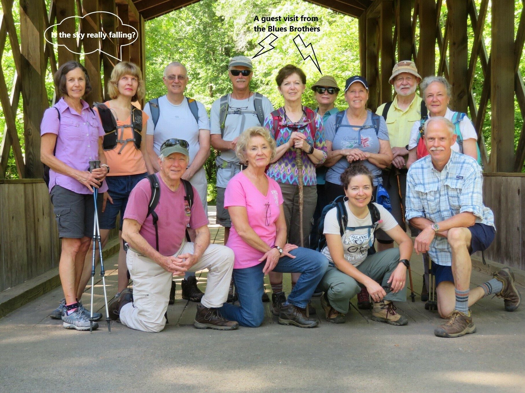 Today's hikers (L-R): Top: Beth H., Inna, Ray, Jim, Jenny, Greta, Lynn, Bob & Christine; Bottom: Vic, Beth Mc., Heather & Mike,