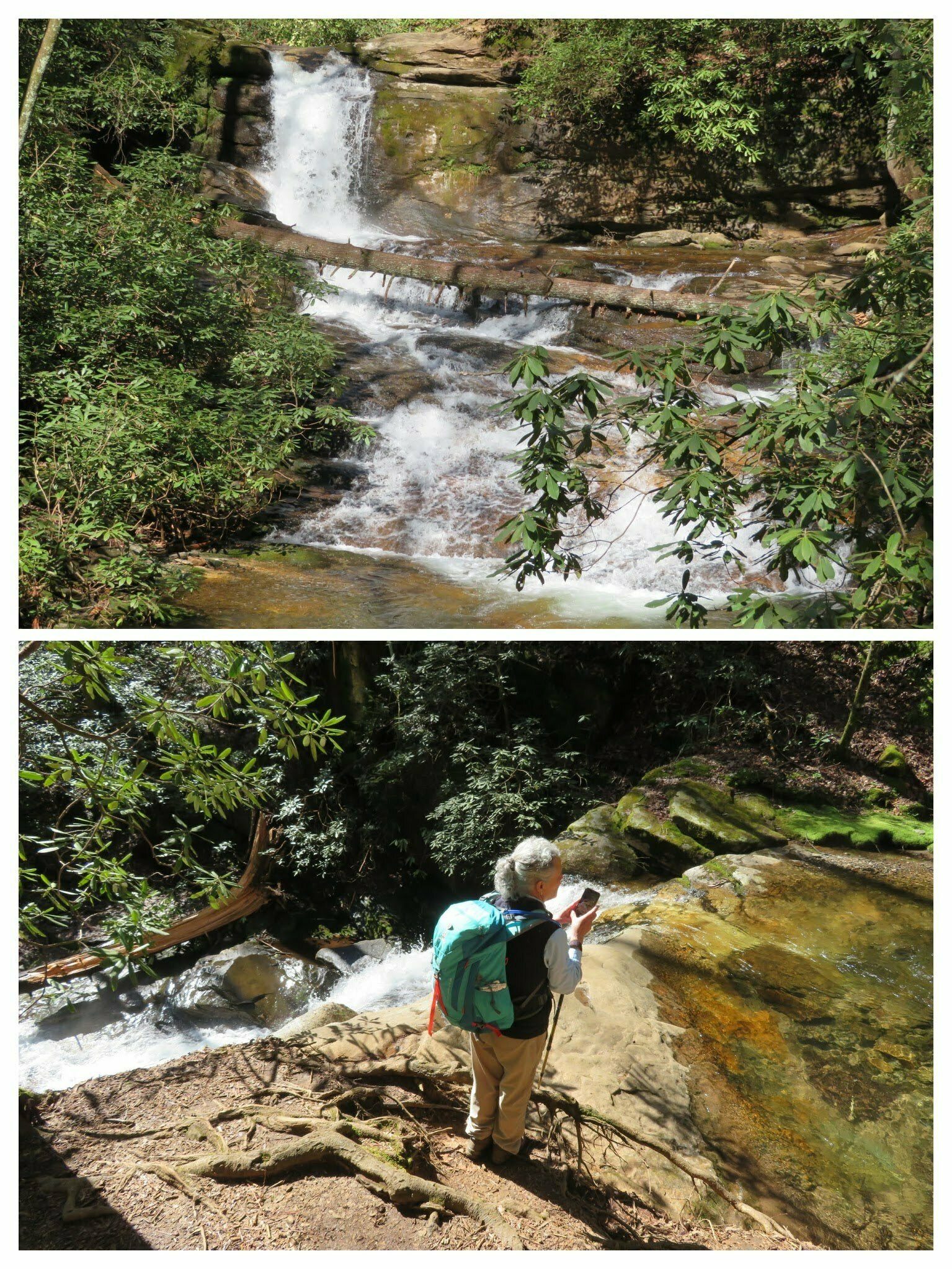 One of the larger falls along the trail and Christine taking pictures from atop it.
