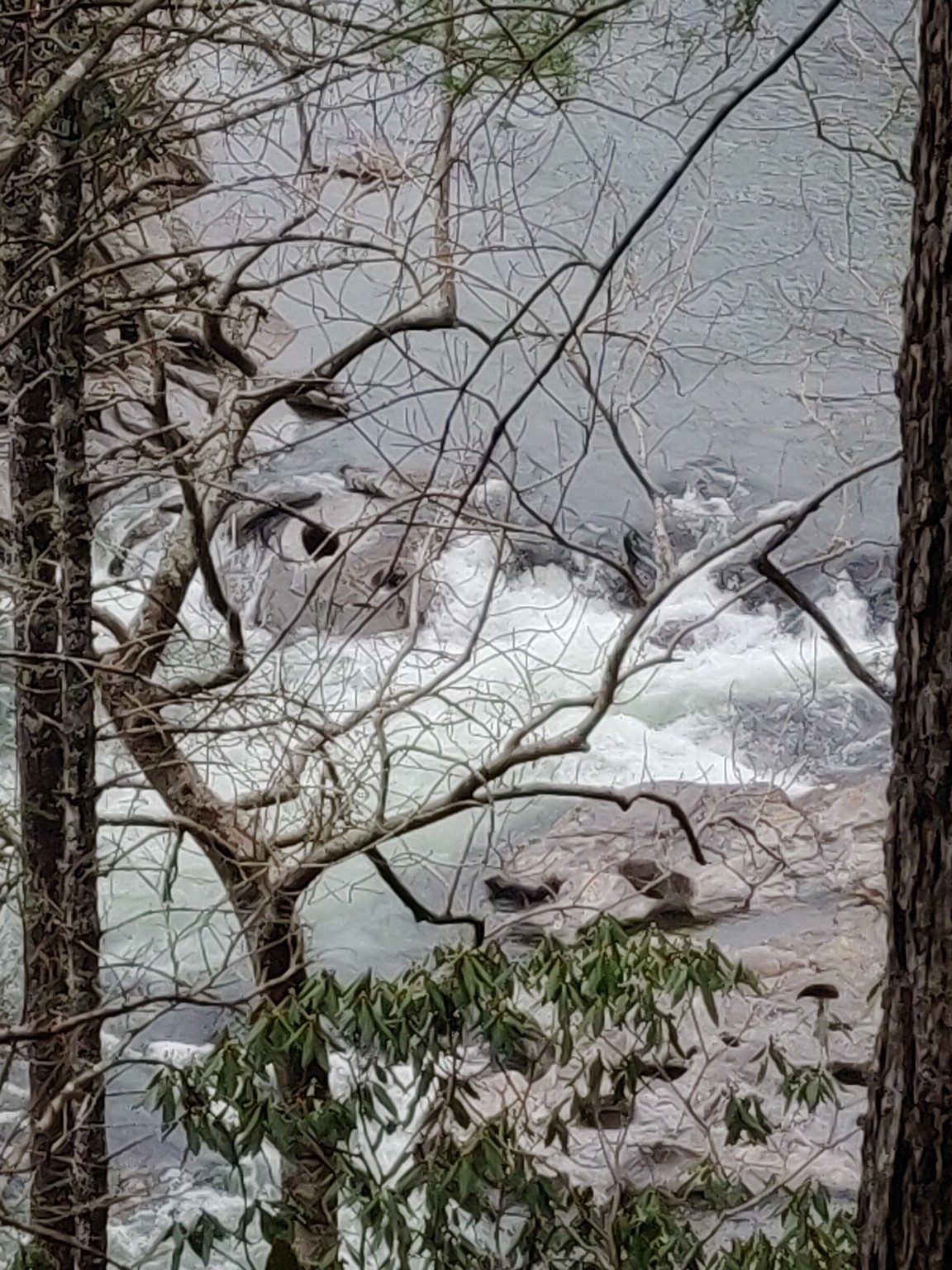 A curious large hole in a bolder in the Chattooga rapids below Raven's Cliff.