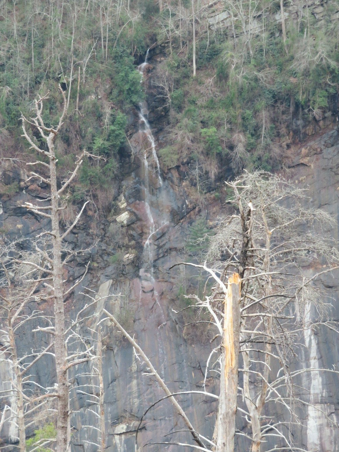 A long cascad/falls on the south side of the gorge viewed from the "High Bluff."