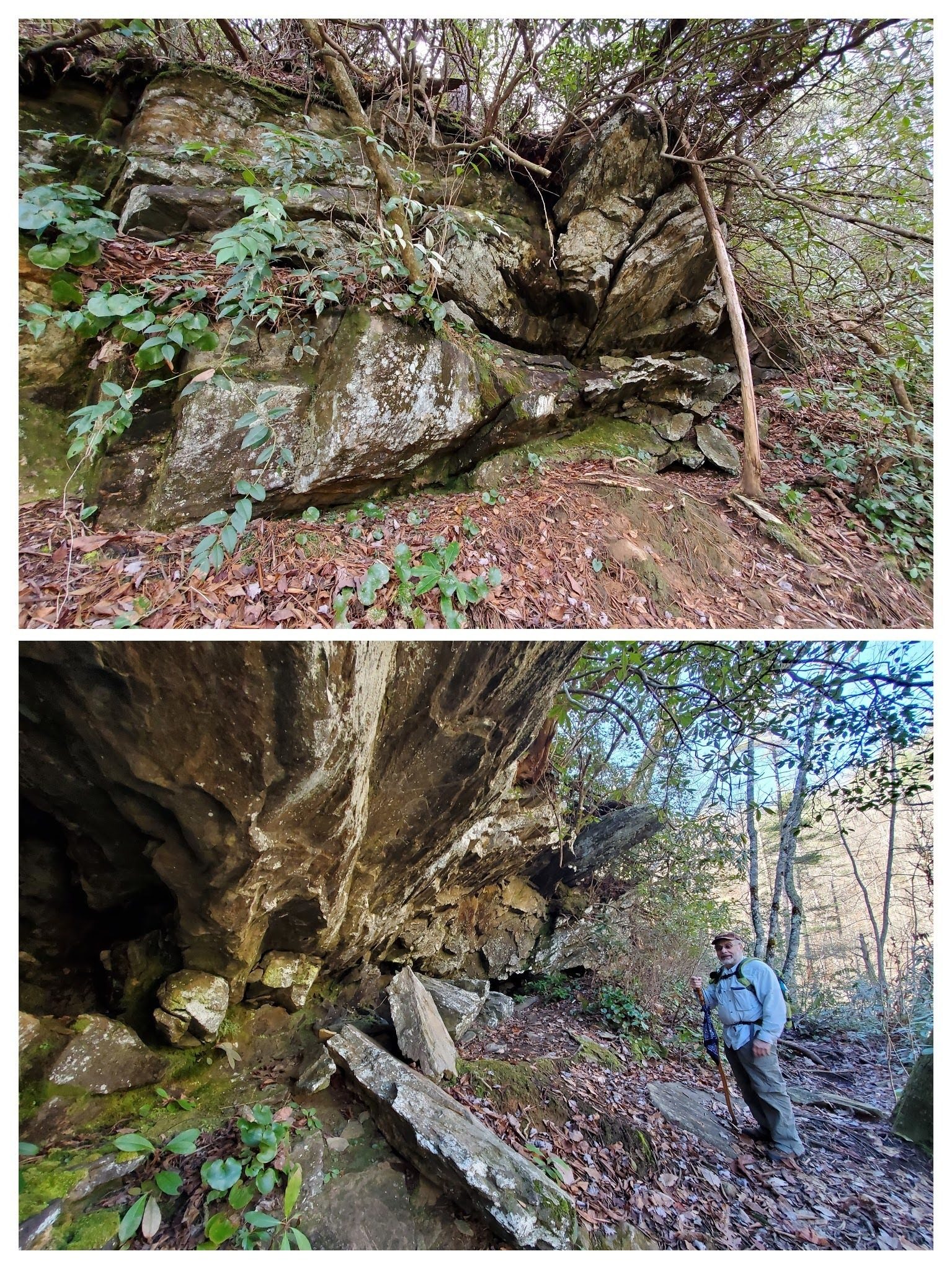 Some nice rock overhangs along the trail.  No, Gary is not drunk, just the effects of a panoramic photo.