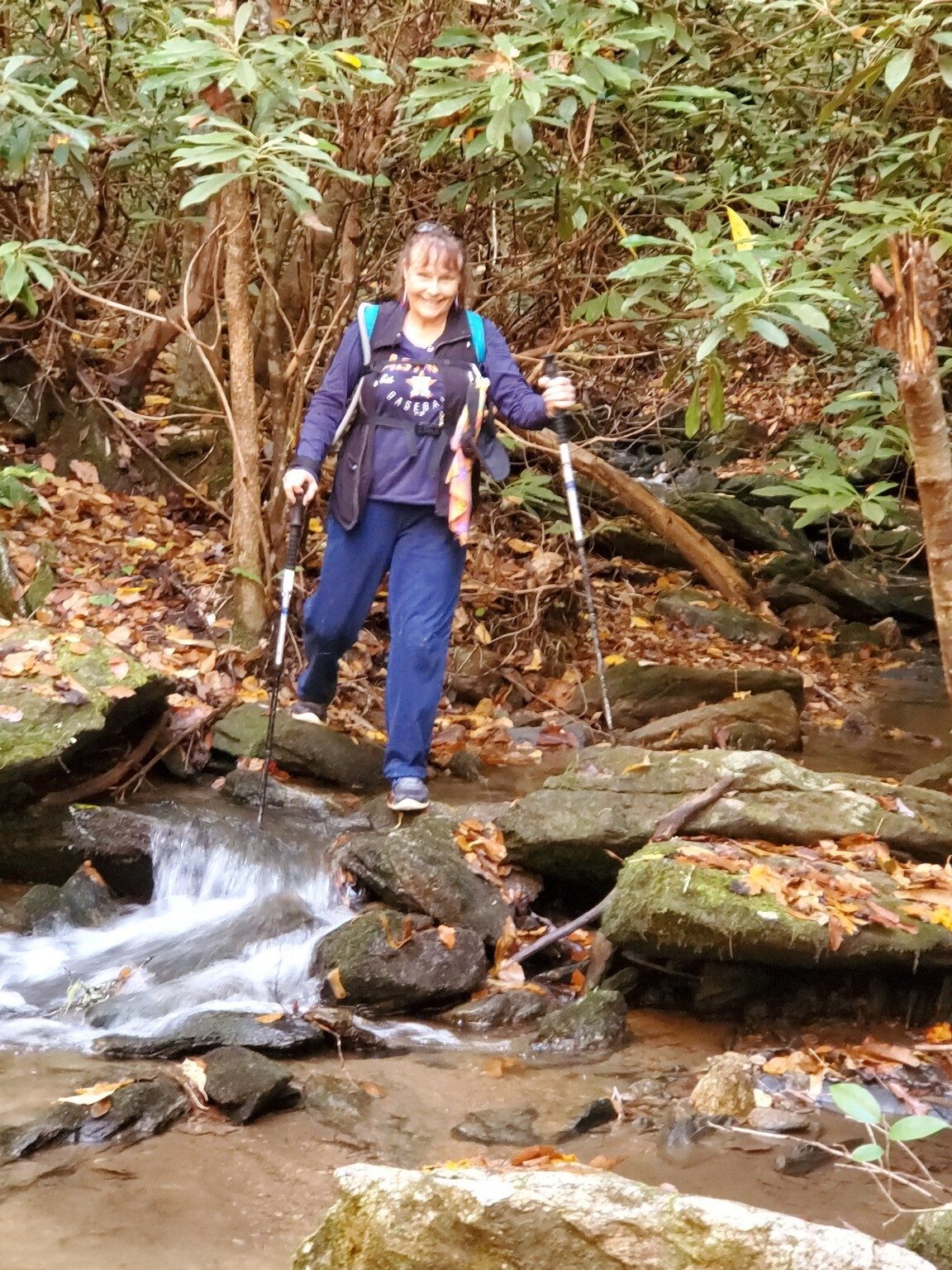 Renee finding an alternate way across Camp Branch on our way back from Opossum Falls.