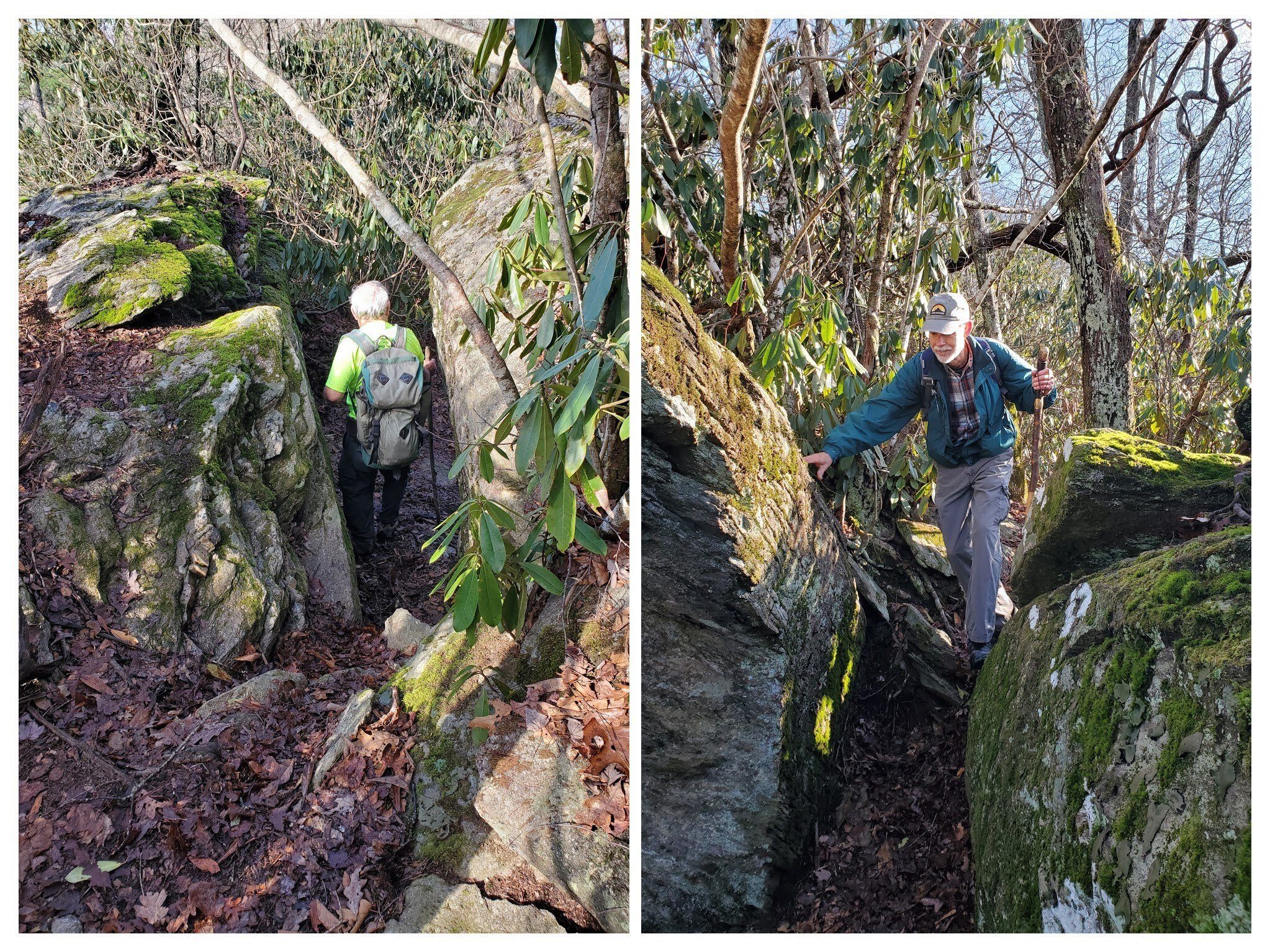 Roger and Mike passing through a narrow rock gauntlet along the trail.  Not the only one to be encountered.
