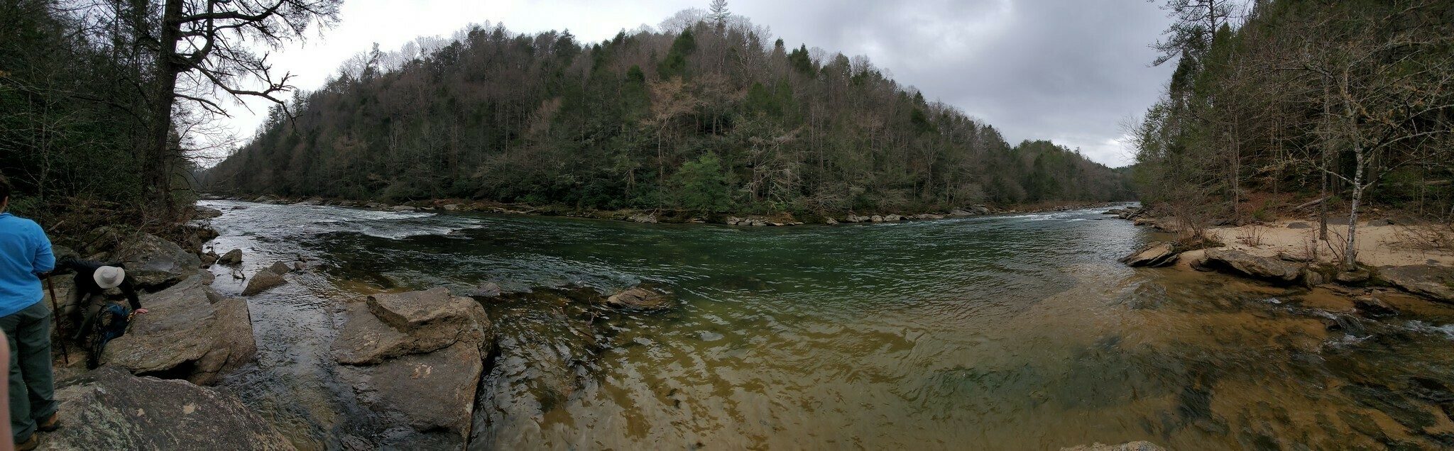 A panoramic view of the Chattooga River at Long Creek Falls.