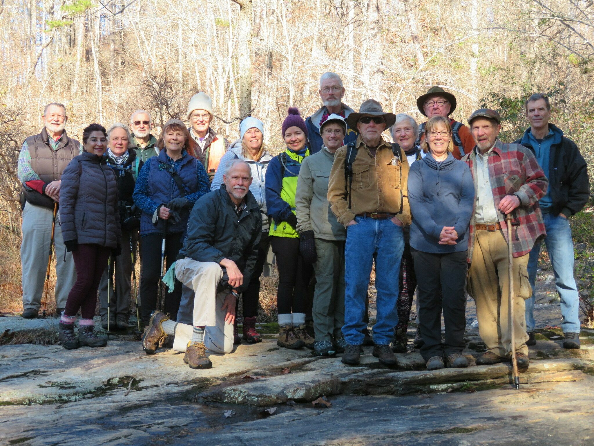 Today's Hikers at Mary Steele Falls(L-R): Bob, Trushna, Christine, Ray, Renee, Dick, Mike, Lynn, Heather, Mary Lu, Dave, Vic, Jeanne, Tim, Doris, Bruce & Gerald.