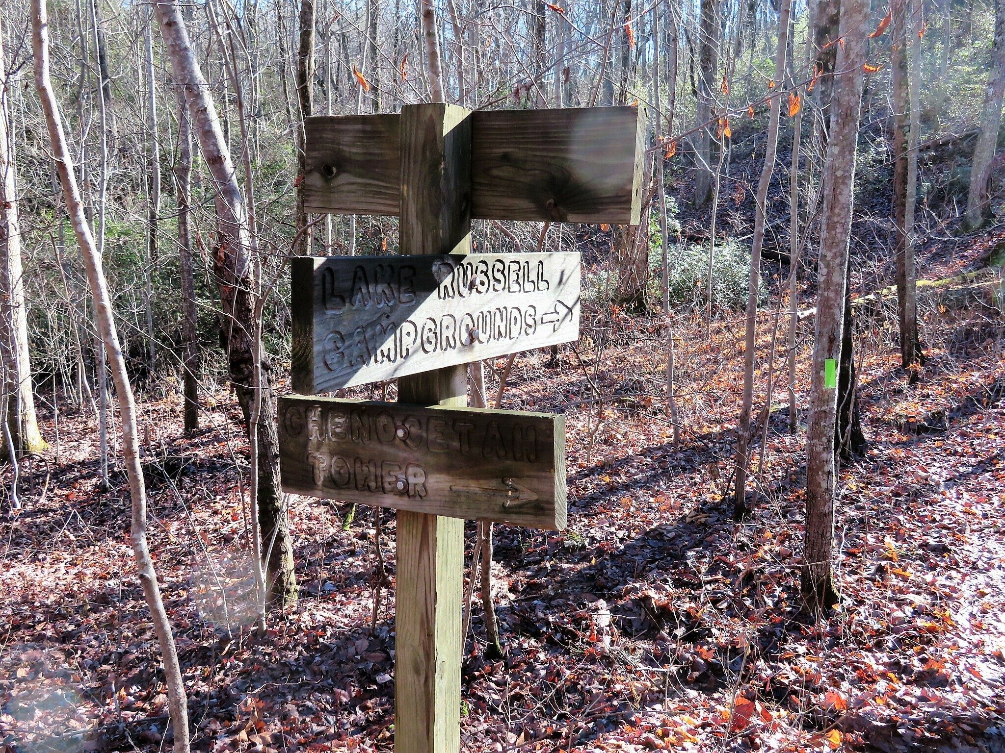 The main trail sign at the beginning of the access path to Chenocetah Tower.