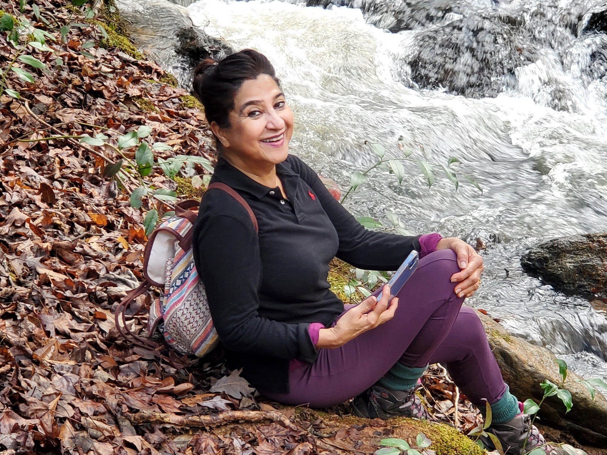 Trushna enjoying a brief stop along Rice Creek.