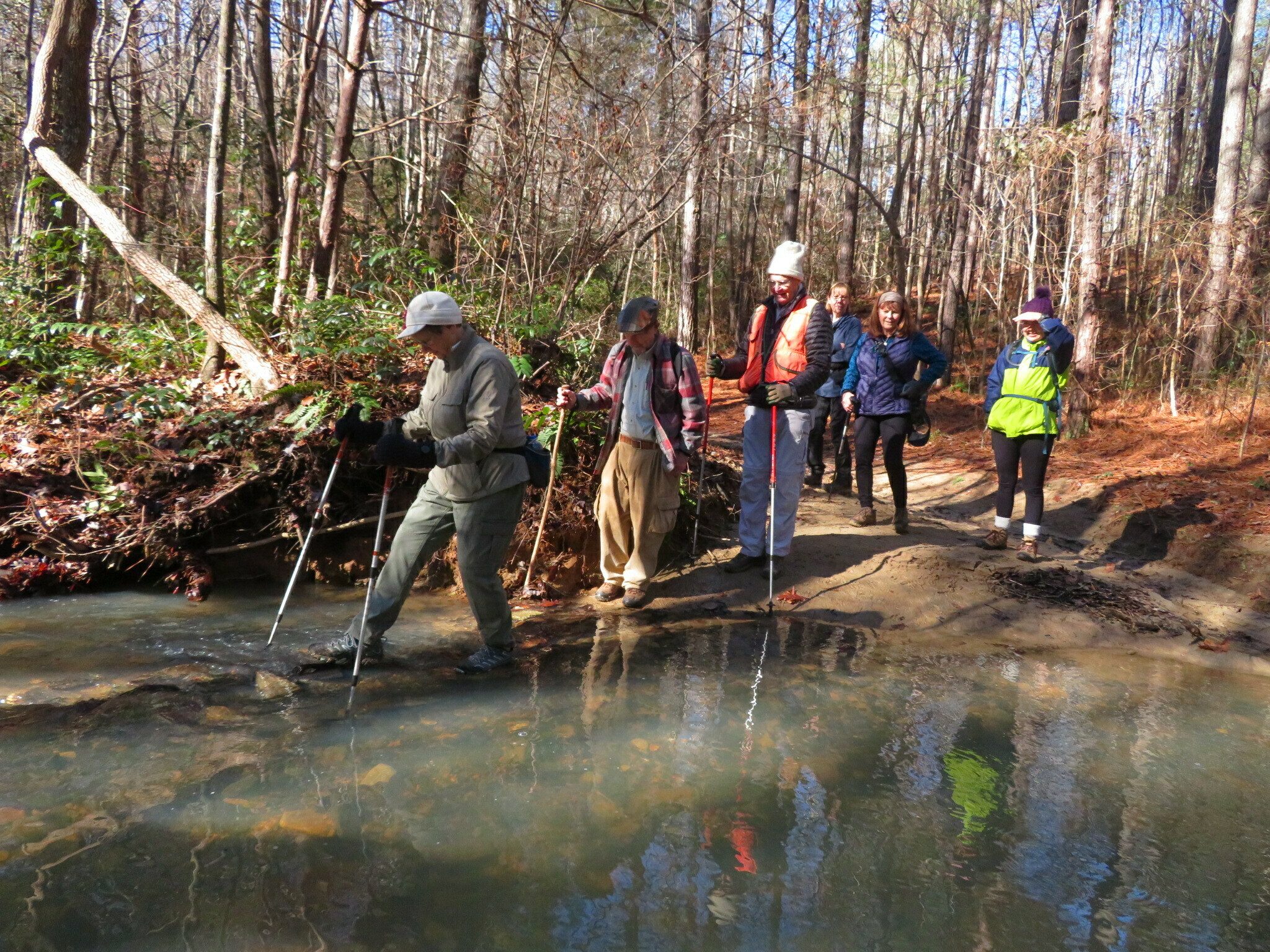 A cautious water crossing on Big Leatherwood Creek for some hesitant hikers.