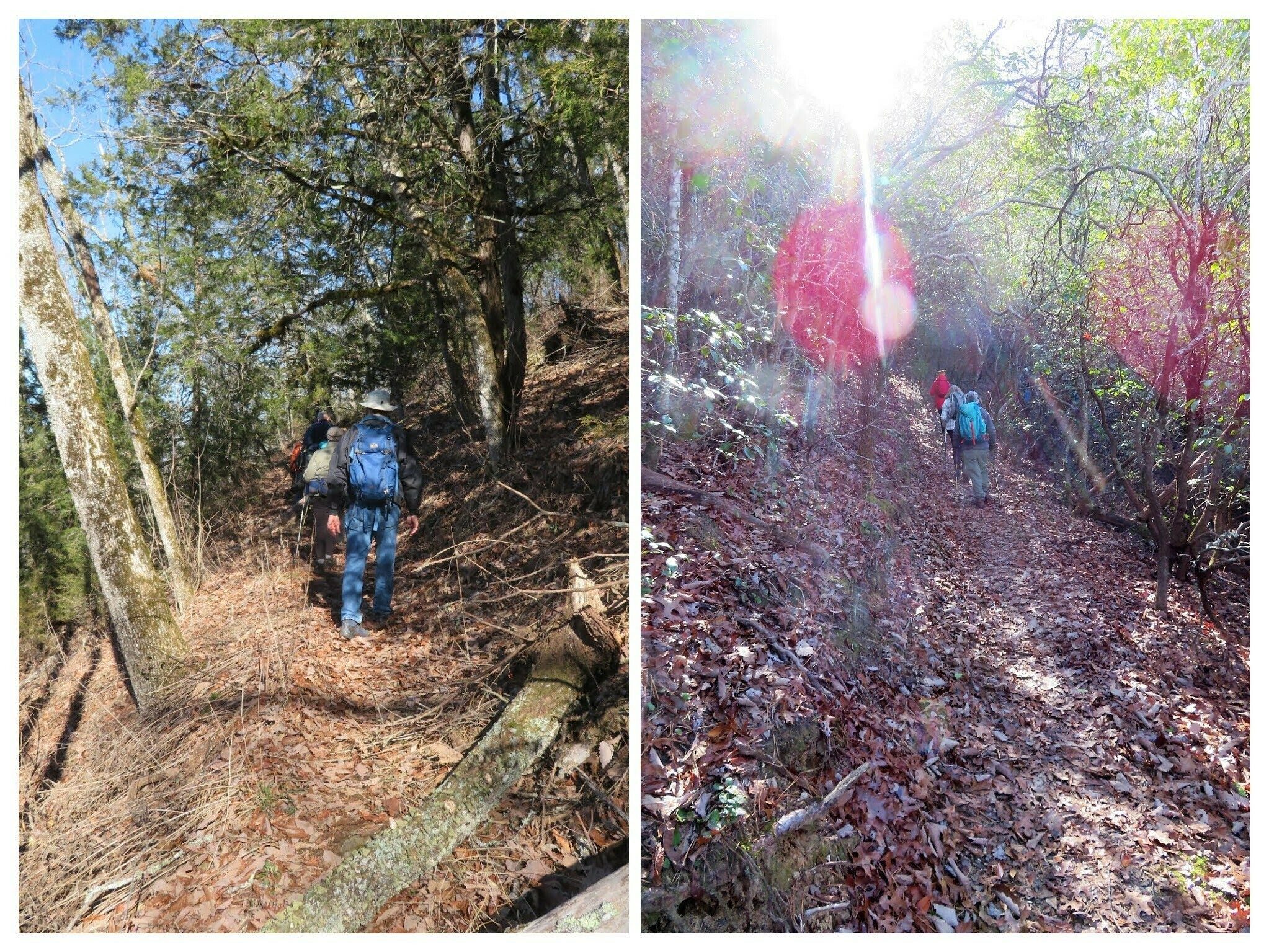 Trail conditions.  Headed into a "time warp" in the right photo.