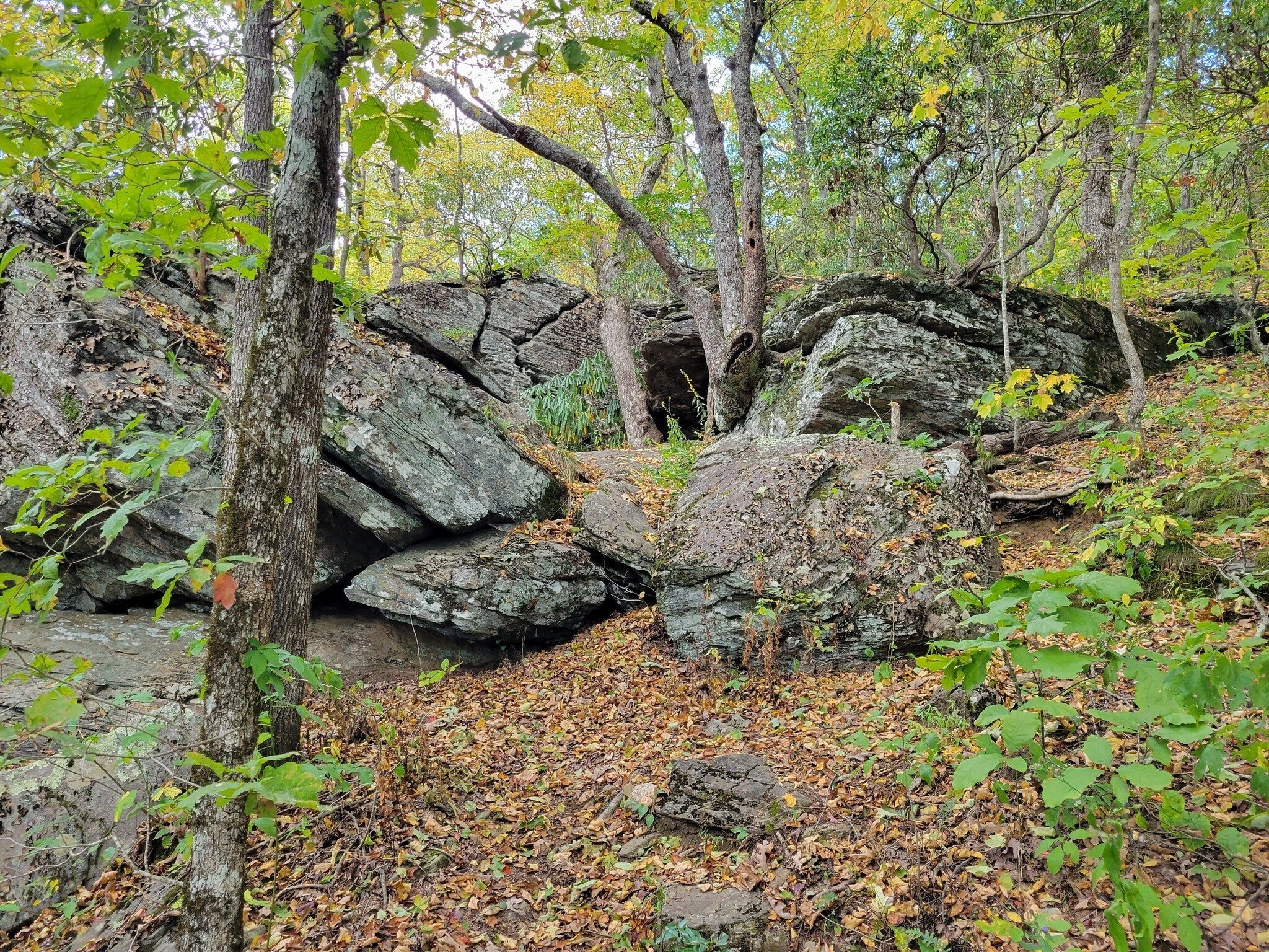 A striking rock formation on our way up Wildcat Mtn. used extensively as a campsite by AT hikers.
