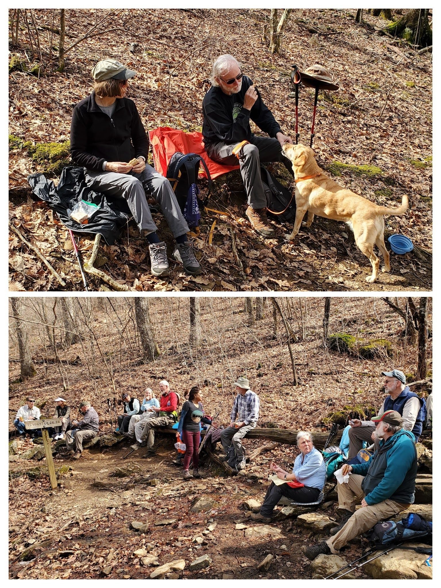 Breaktime at the intersection of the AT & Slaughter Creek Trail.  Trushna was passing out tangerines to lighten her pack.