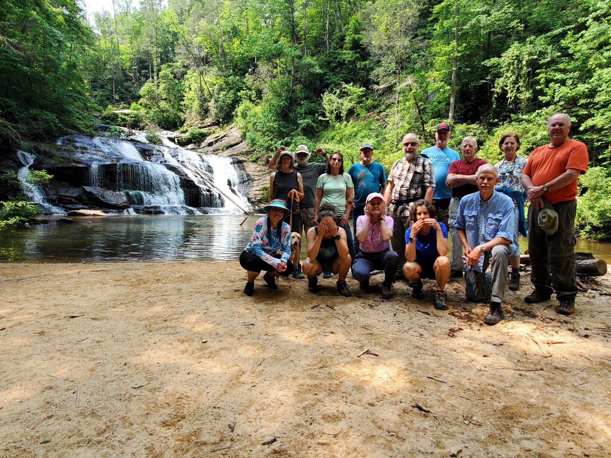 Today's hikers (L-R) Back: Jane and Squirt, Rich, Shelia, Rex, Gary, Ken, Vic, Jenny, John; Front: Greta, Three Monkeys: See No Evil Heather, Hear No Evil Beth M. and Speak No Evil Beth H. and...