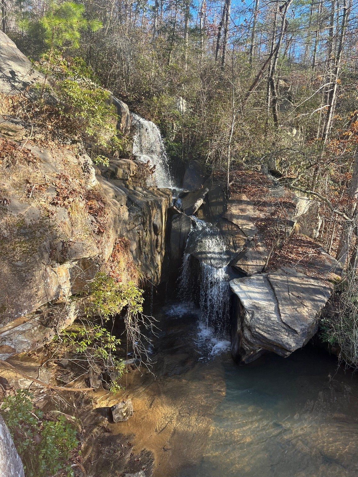 A view of Big Leatherwood Falls from a large bolder above the falls.  Photo by Renee.
