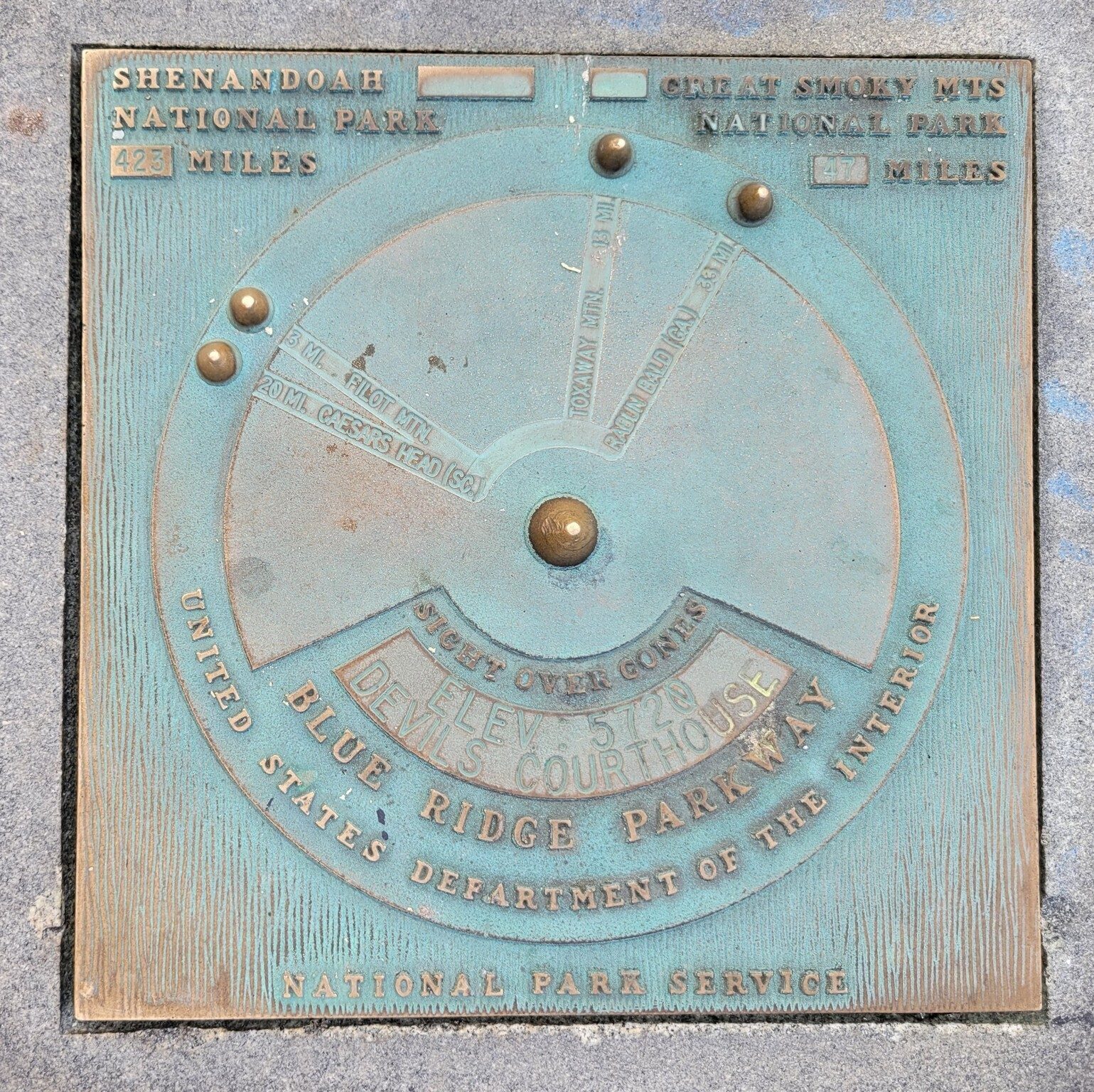 One of two plaques mounted on rock pedestals identifying the several peaks in the distance.
