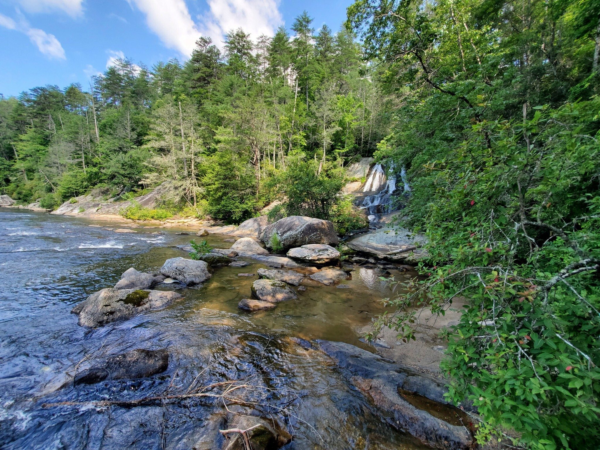 A wide-angle view of Dicks Creek Falls and part of the Chattooga River.