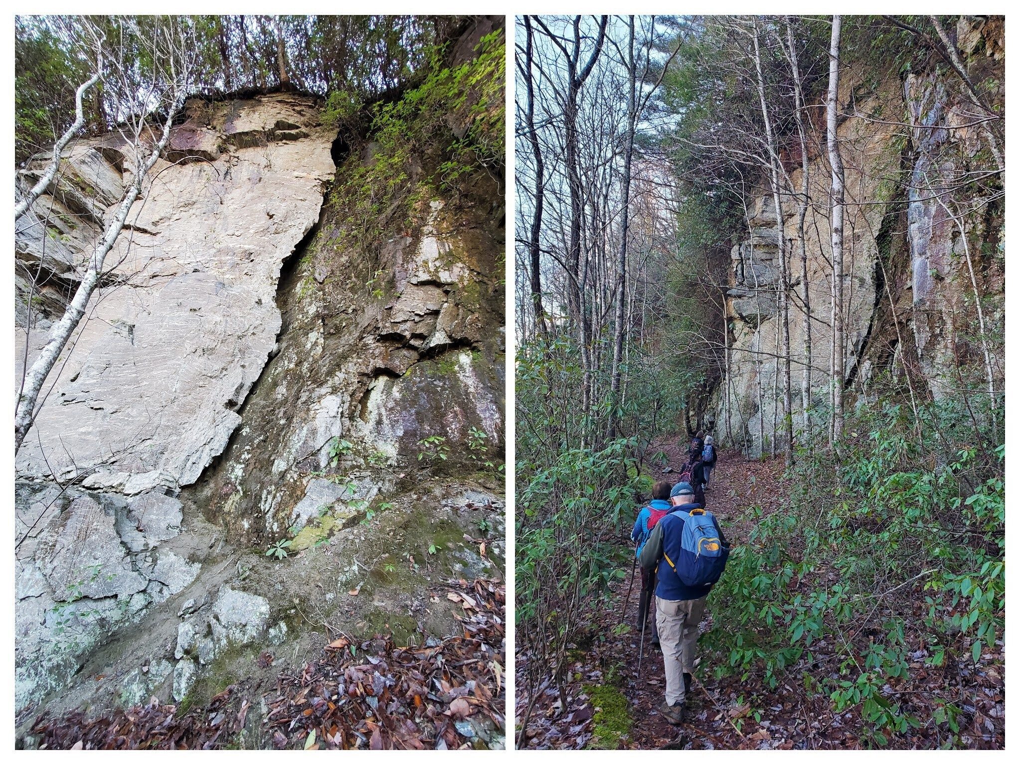 The shear rock wall created above the Whitewater River  when the  roadbed was constructed.