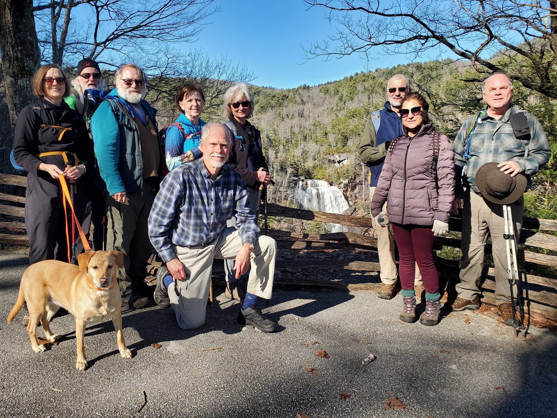 Today's hikers (L-R): jJane with trail dog, Squirt, Rich, Jack, Jenny, Mike, Tina, Ray, Trushna & John .