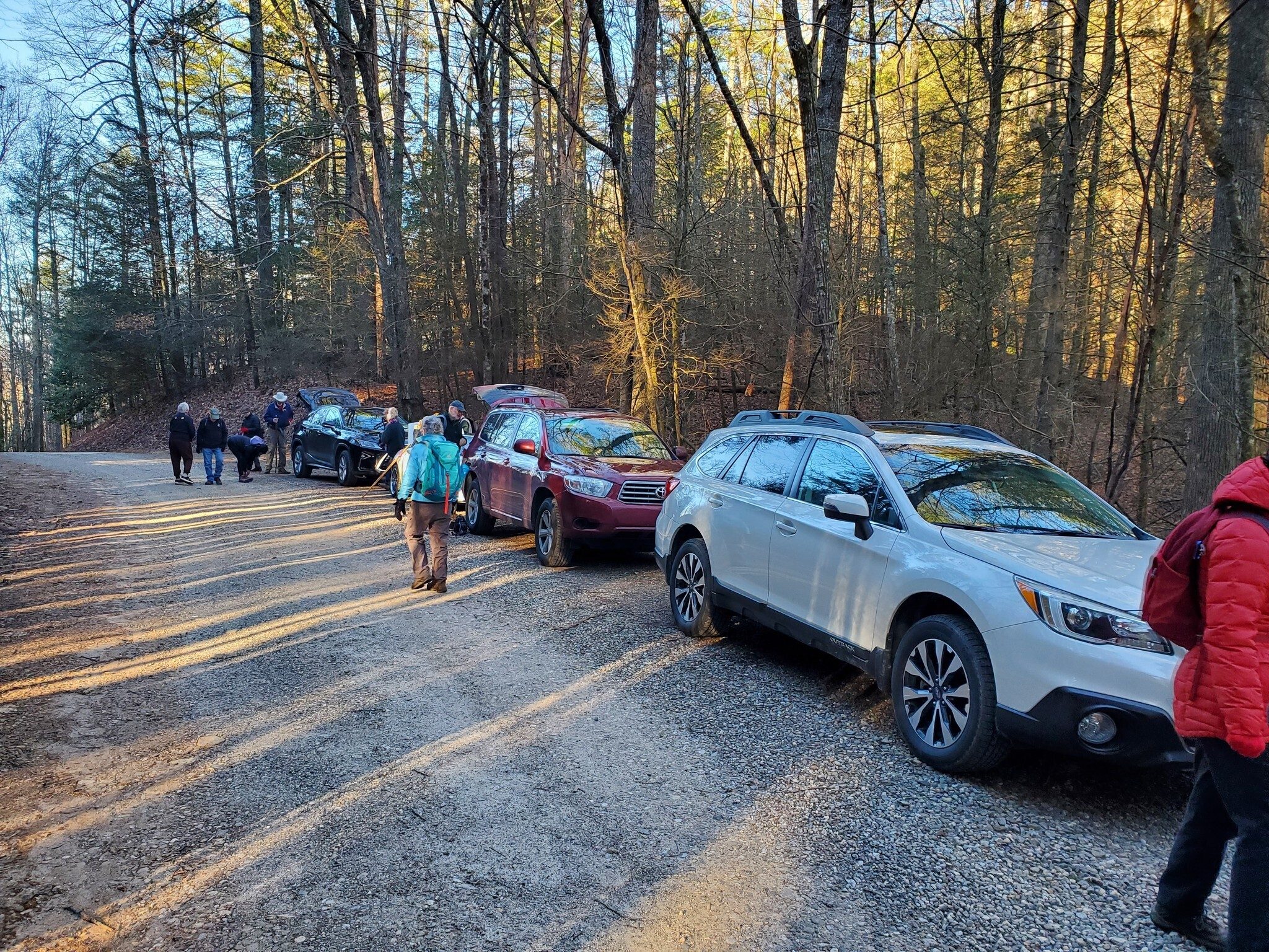 Getting ready at the trailhead, just a gated old logging road.