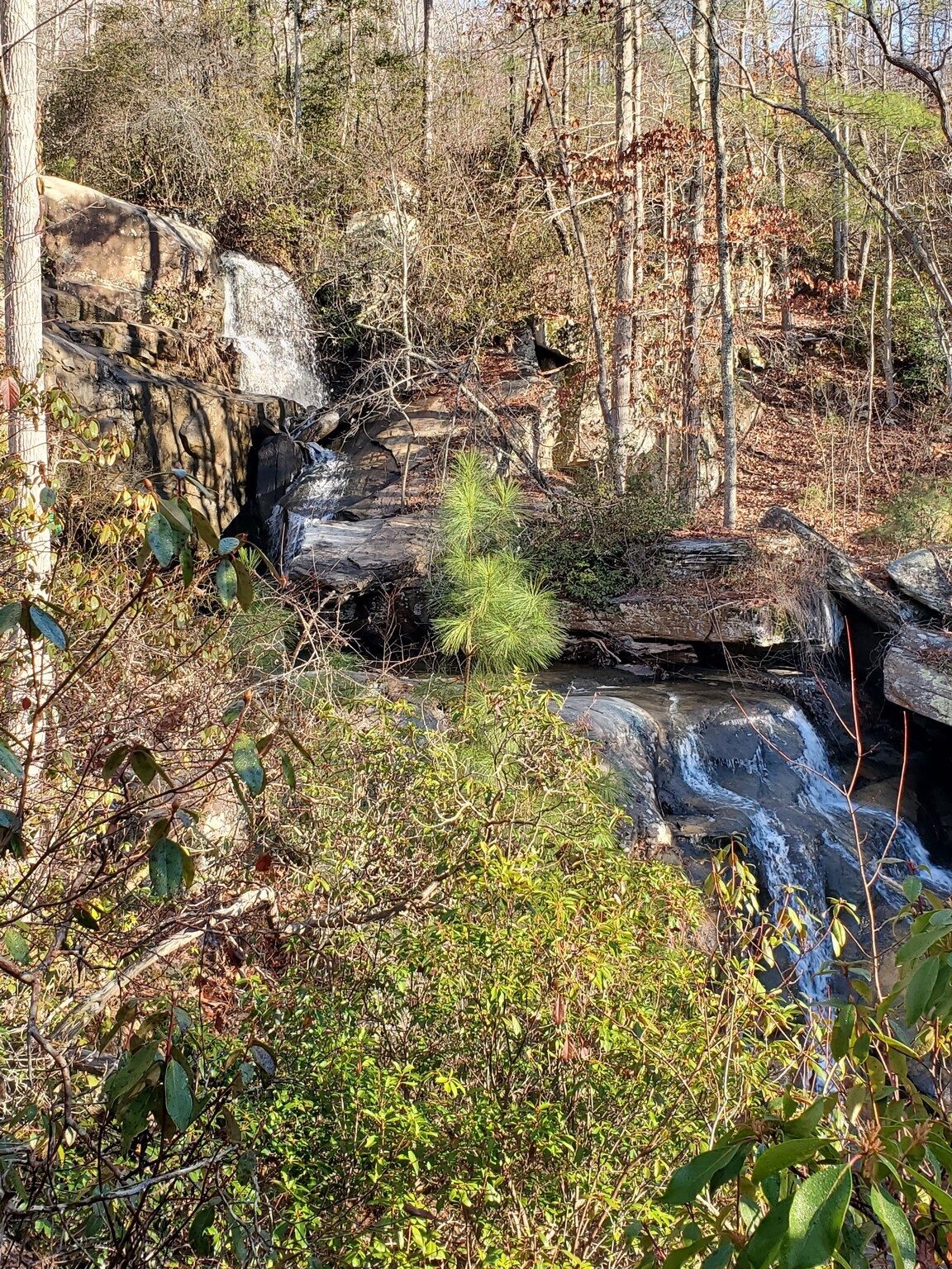 Big Leatherwood Falls is a triple-tier falls but it is not on Big Leatherwood Creek, but an unnamed tributary thereof.