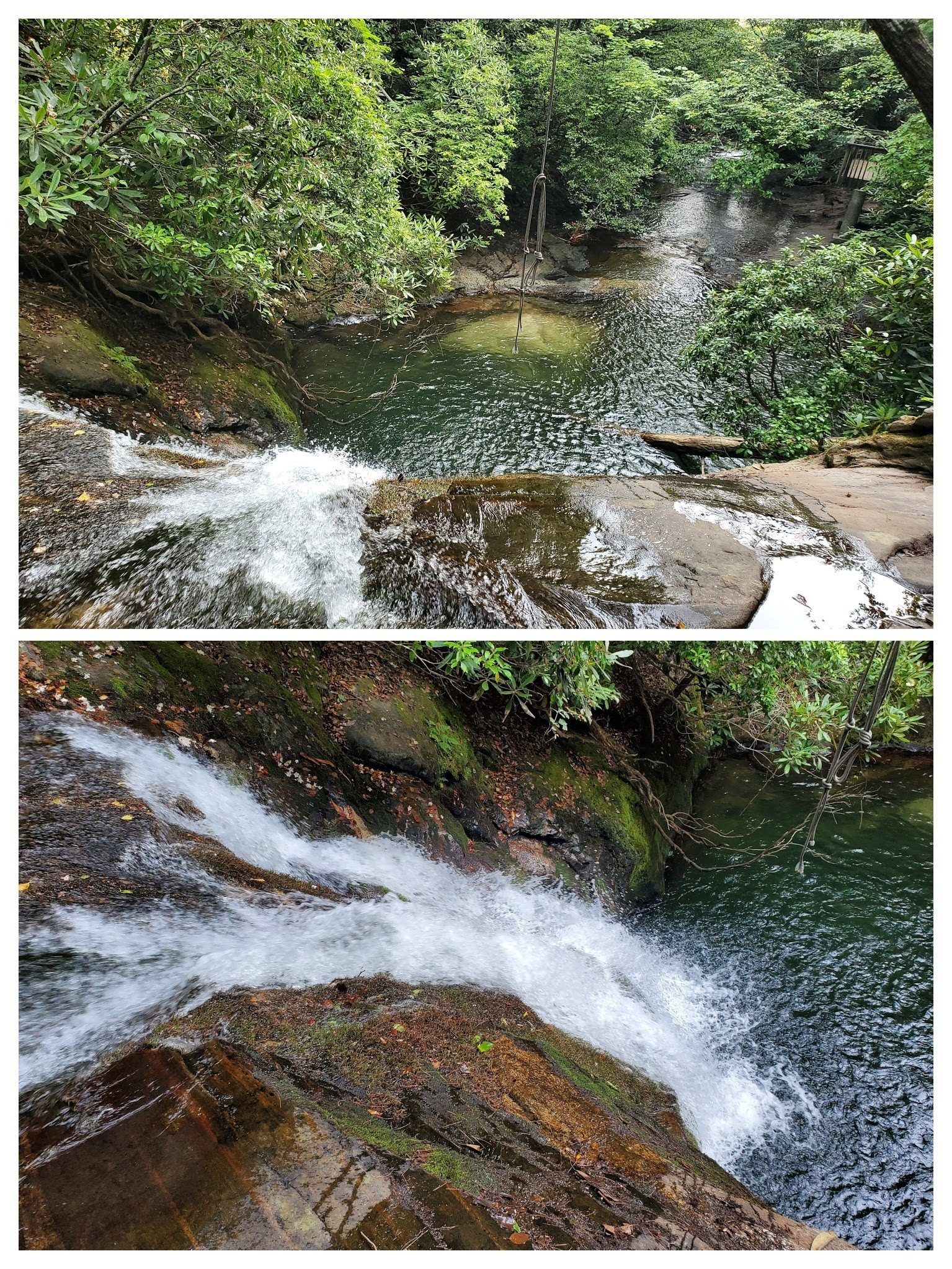 On the top of the Blue Hole Falls. Can't quite figure out how someone reaches the rope to swing over the falls into the pool below.