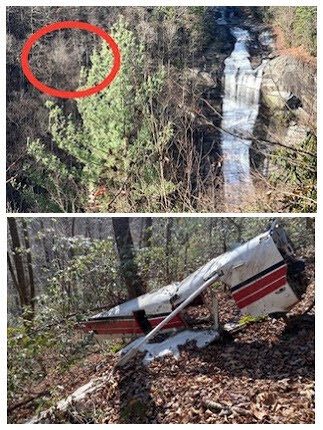 The circled location and photo of the wreckage of the 1972 plane crash at the falls.  Photo courtesy of Tim Harris in the 2022 Fall/Winter Jocassee Journal.