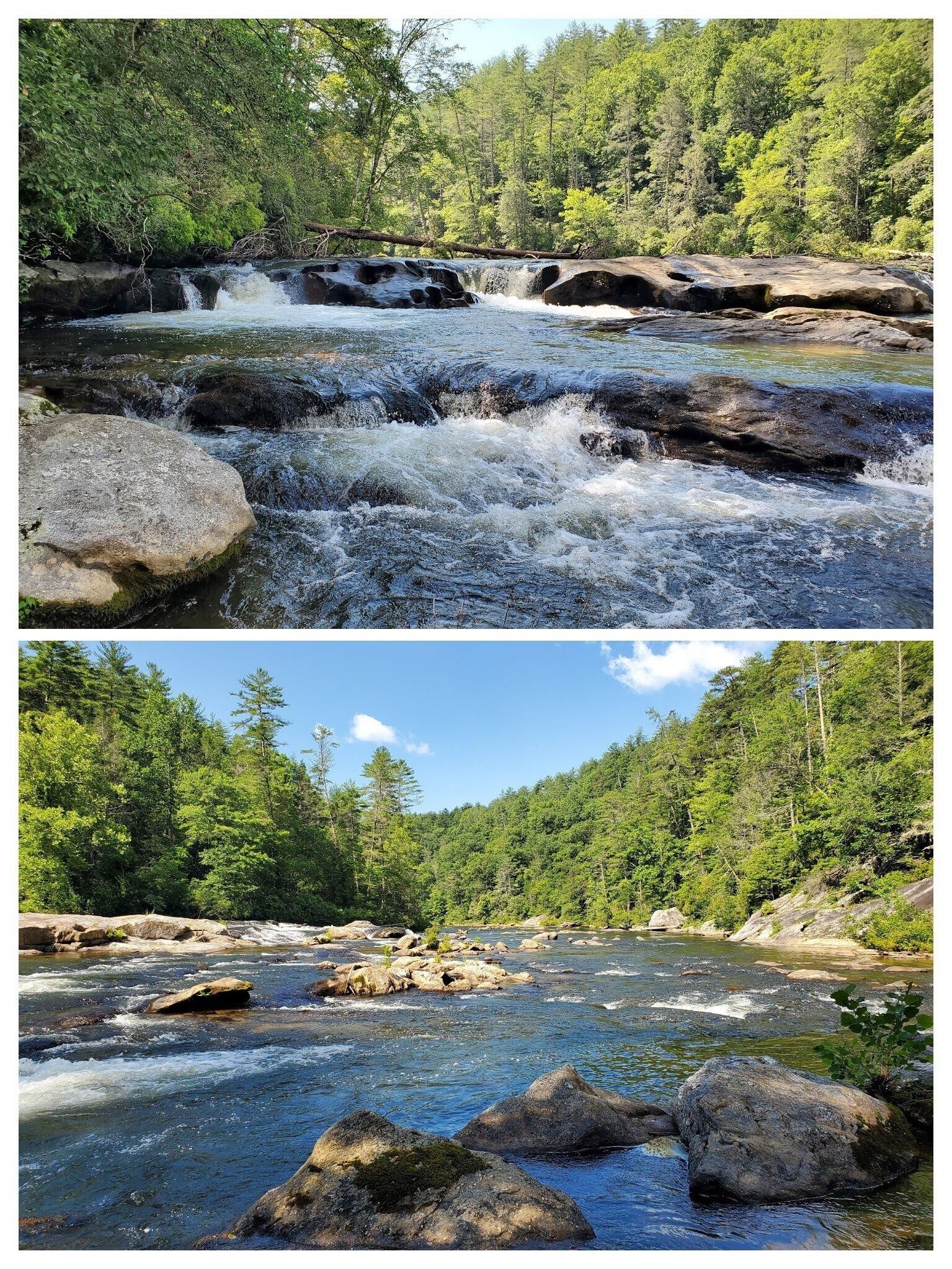 View of the Chattooga River up and downstream from Dicks Creek Falls.