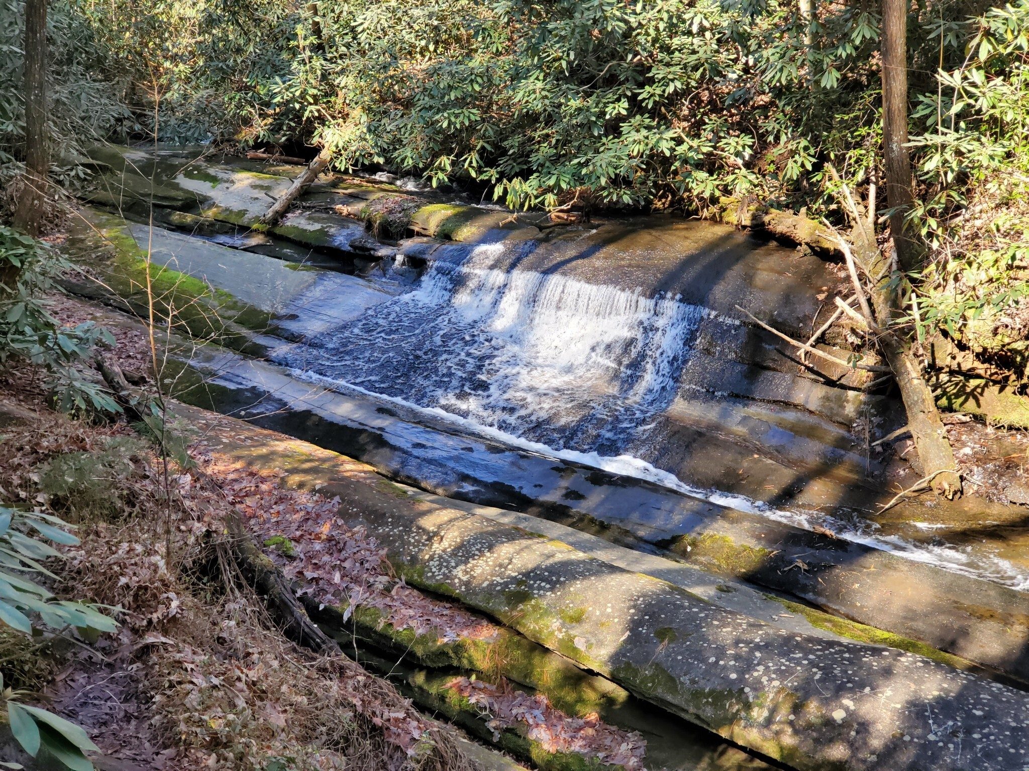 This was a unique water flow with the water flow running downstream only to be diverted 90 degrees across the large flat rock in the center of the photo.