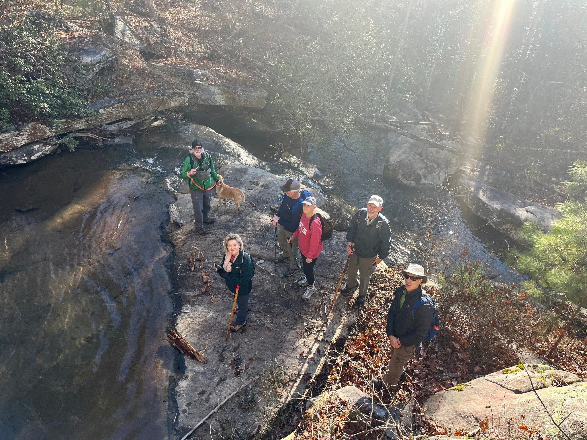 A really interesting photo taken by Renee, above the falls, of some of our hikers on a rock outcrop below the Big Leatherwood Falls..