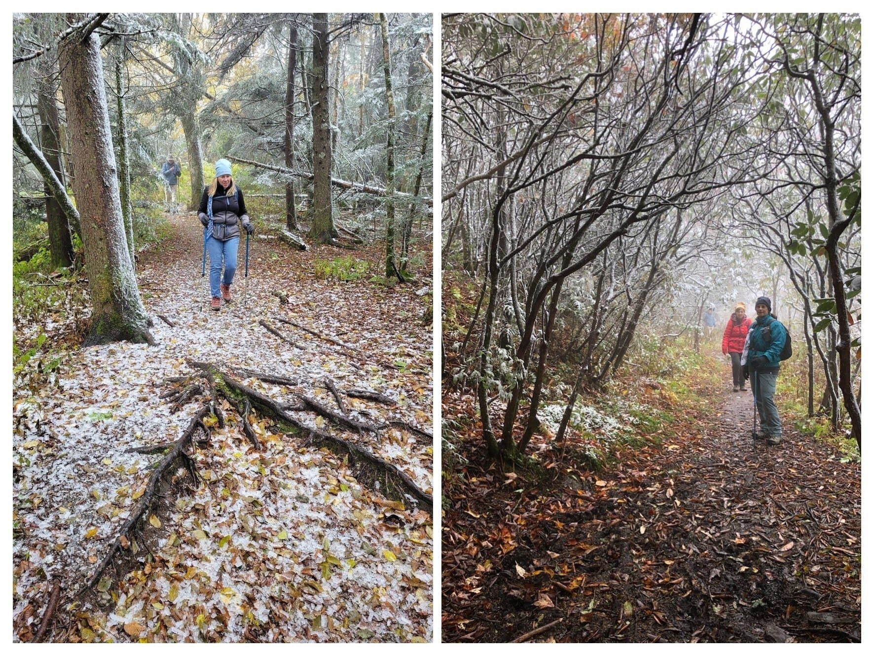 Lynn (L) and Shelia & Jenny (R) hiking down the snowy and icy trail.