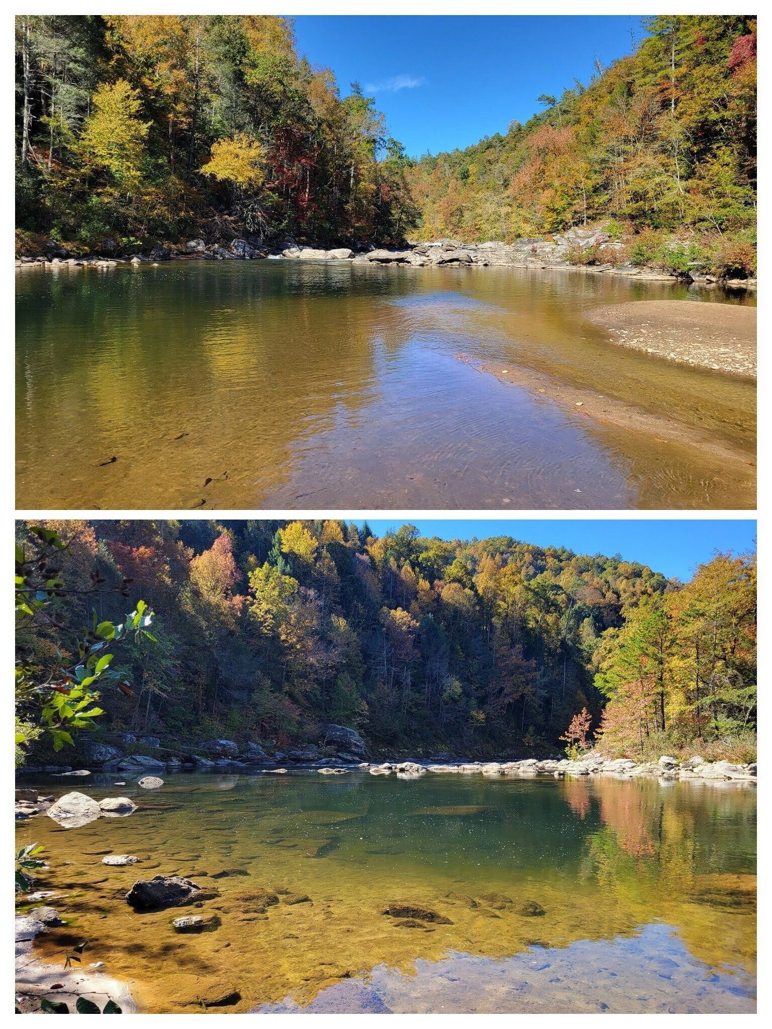 Views down and up the Chattooga River at the bottom of our hike.  Such clear blue skies today!