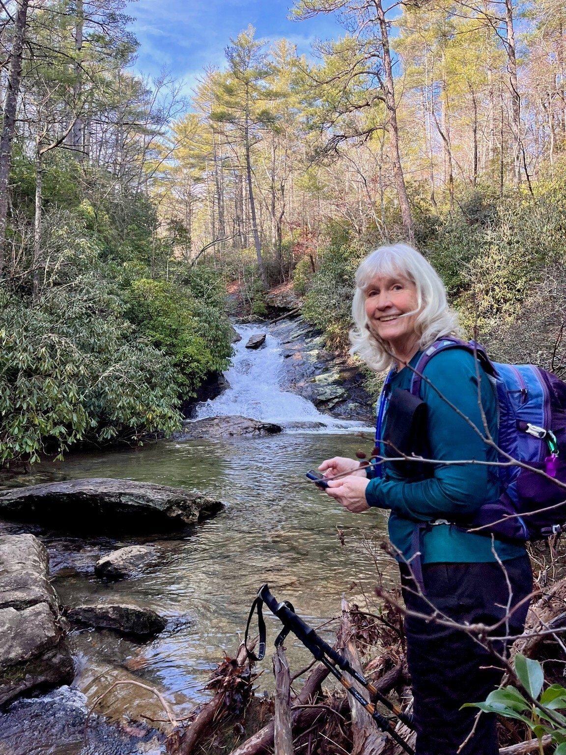 Linda Shultz checking out Upper Holcomb Creek Falls.