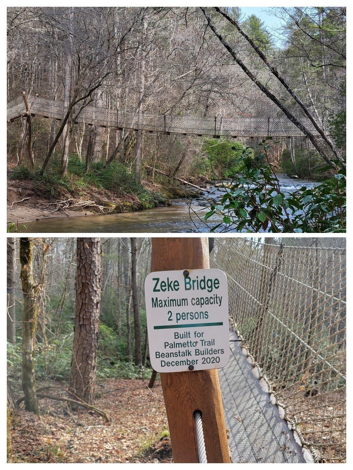 First Zeke suspension bridge across Eastatoe Creek . . . nice!