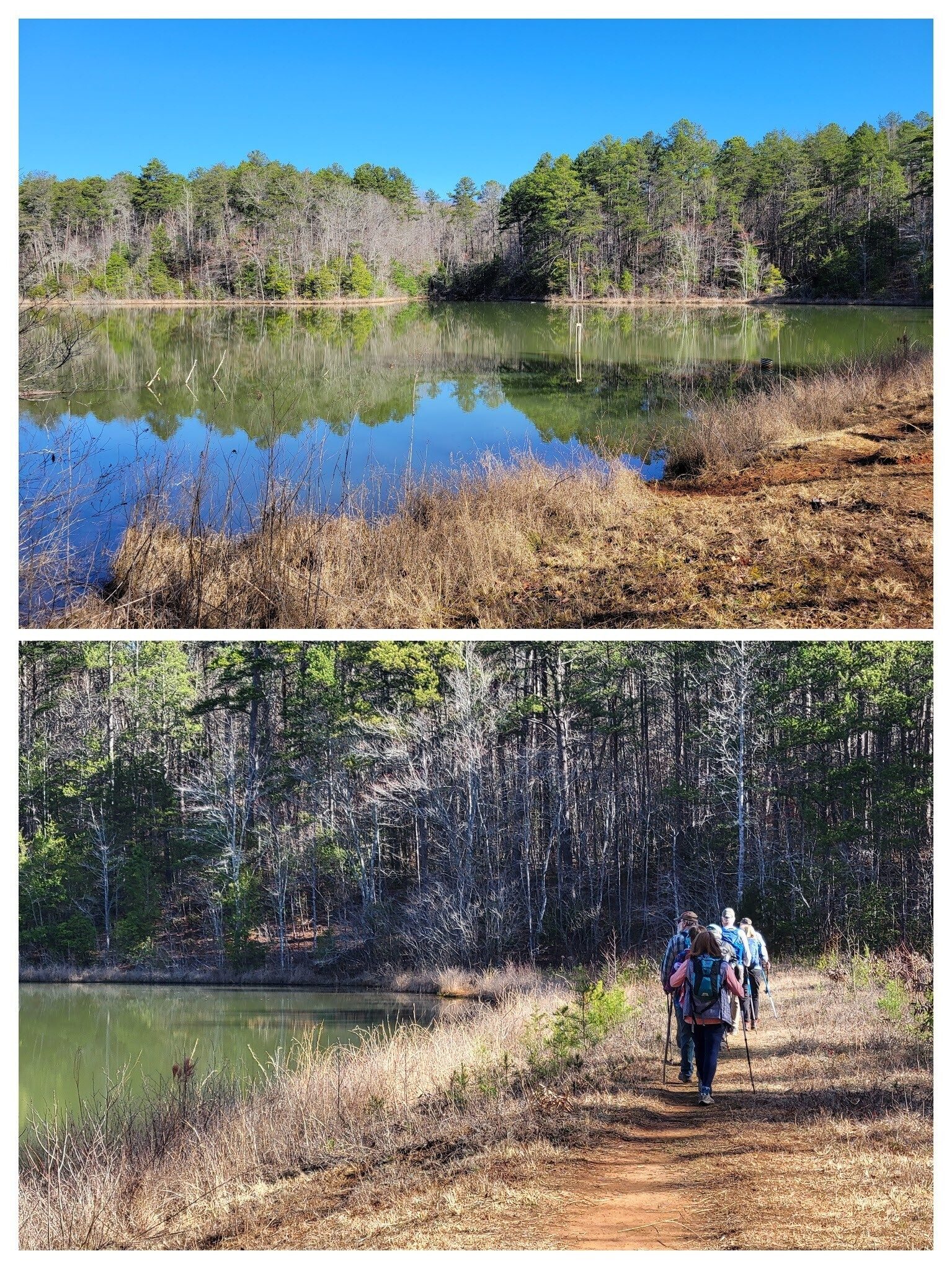 Headed out across the dam of the pond near the historic site.