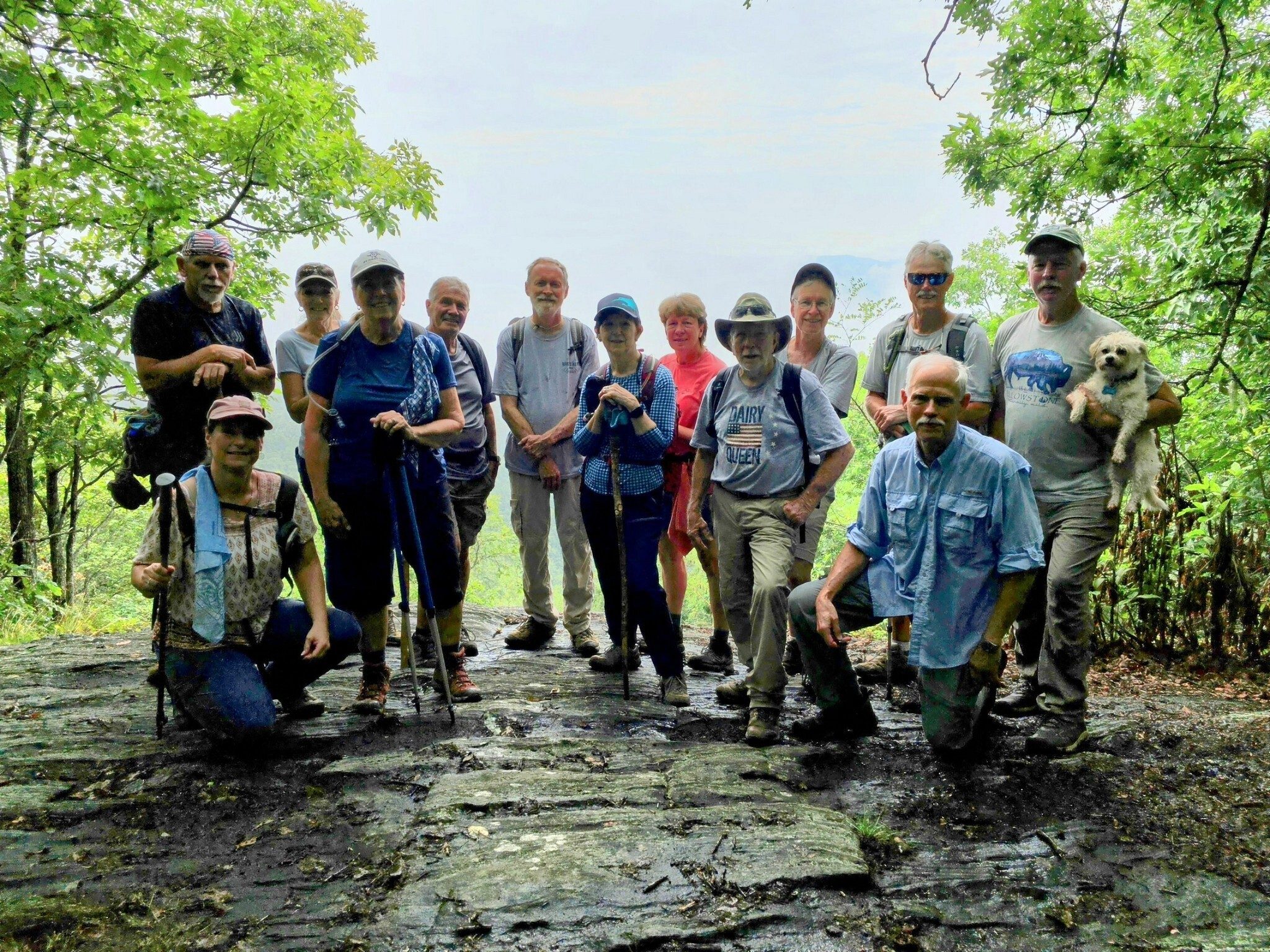 Today's Hikers (L-R): Roger, Shelia, Claudia, Lynn, Ken, Matt, Jenny, Kim, Vic, Edwin, Jim, Mike & Ken with Cutie Pie