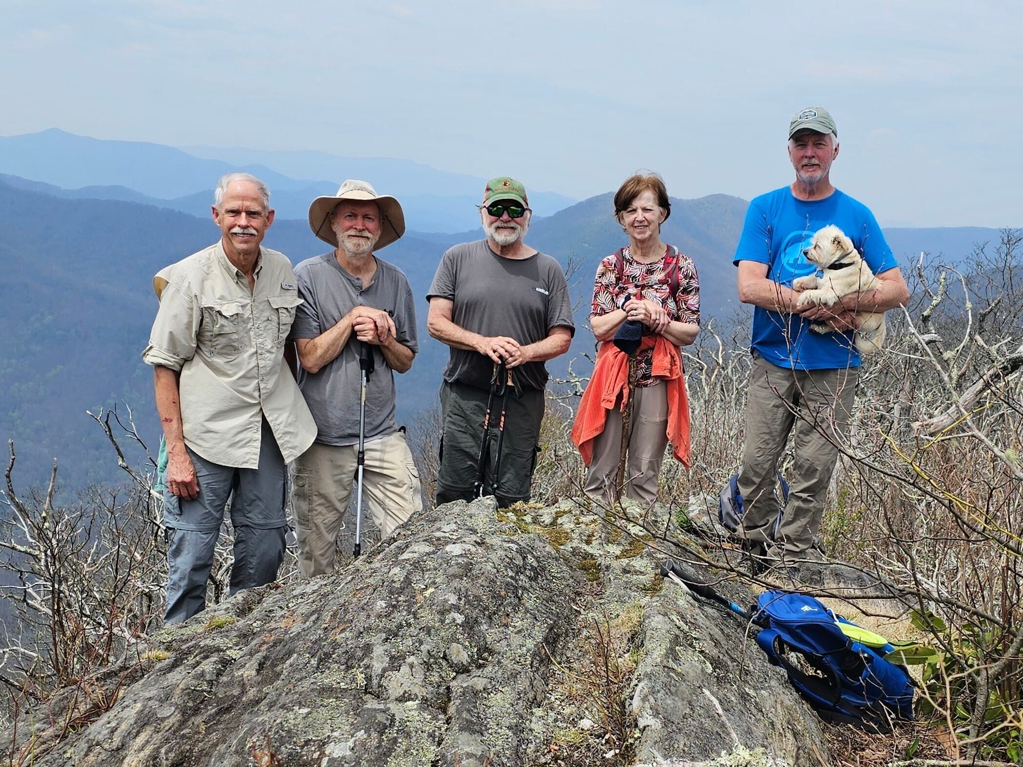Today's hardy hikers (L-R): Mike, Matt & Toby (somewhere?), Jack, Jenny & Ken with Cutie Pie