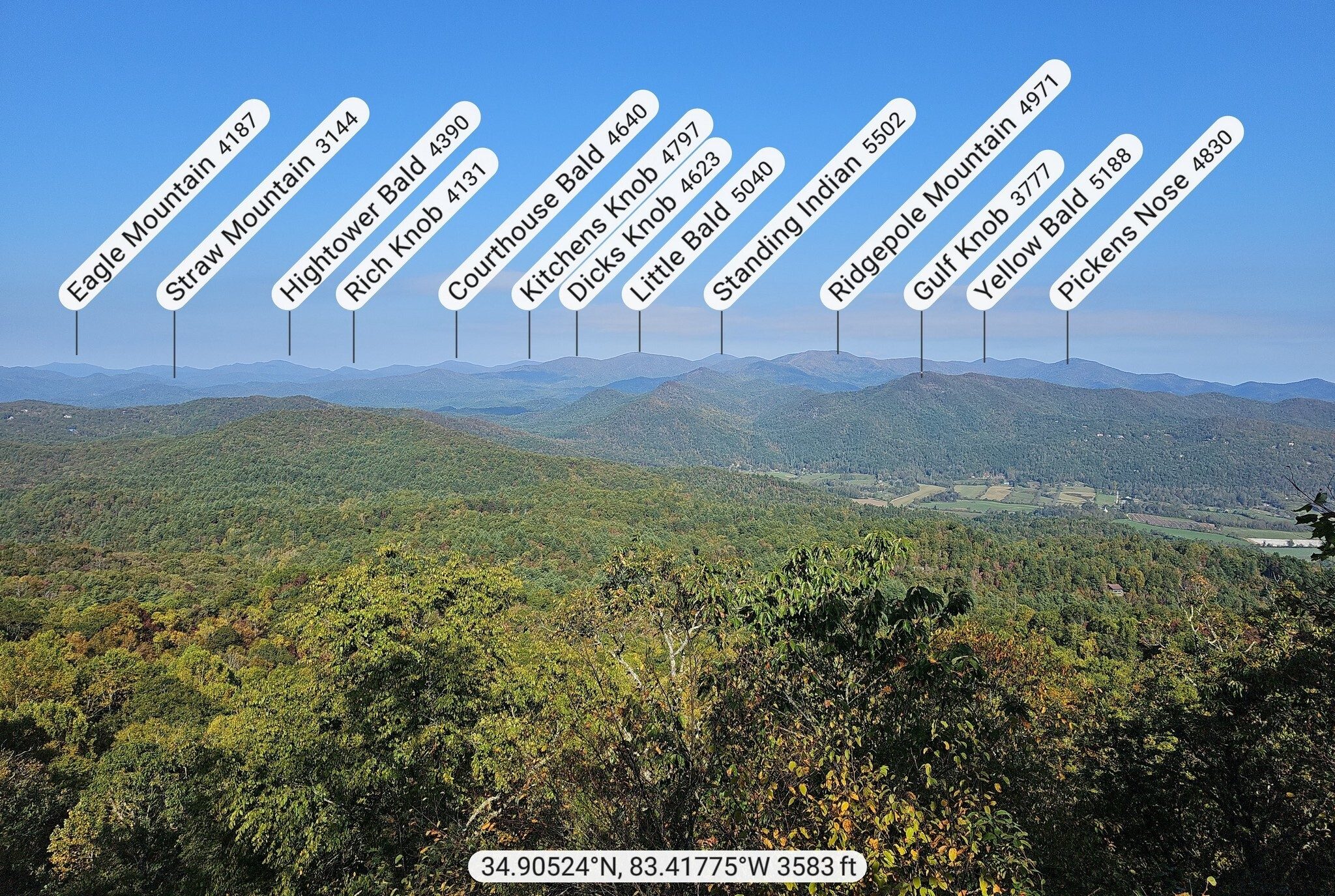 Let's see what PeakFinder says.  Hey, I never knew you could see Standing Indian Mountain from here.